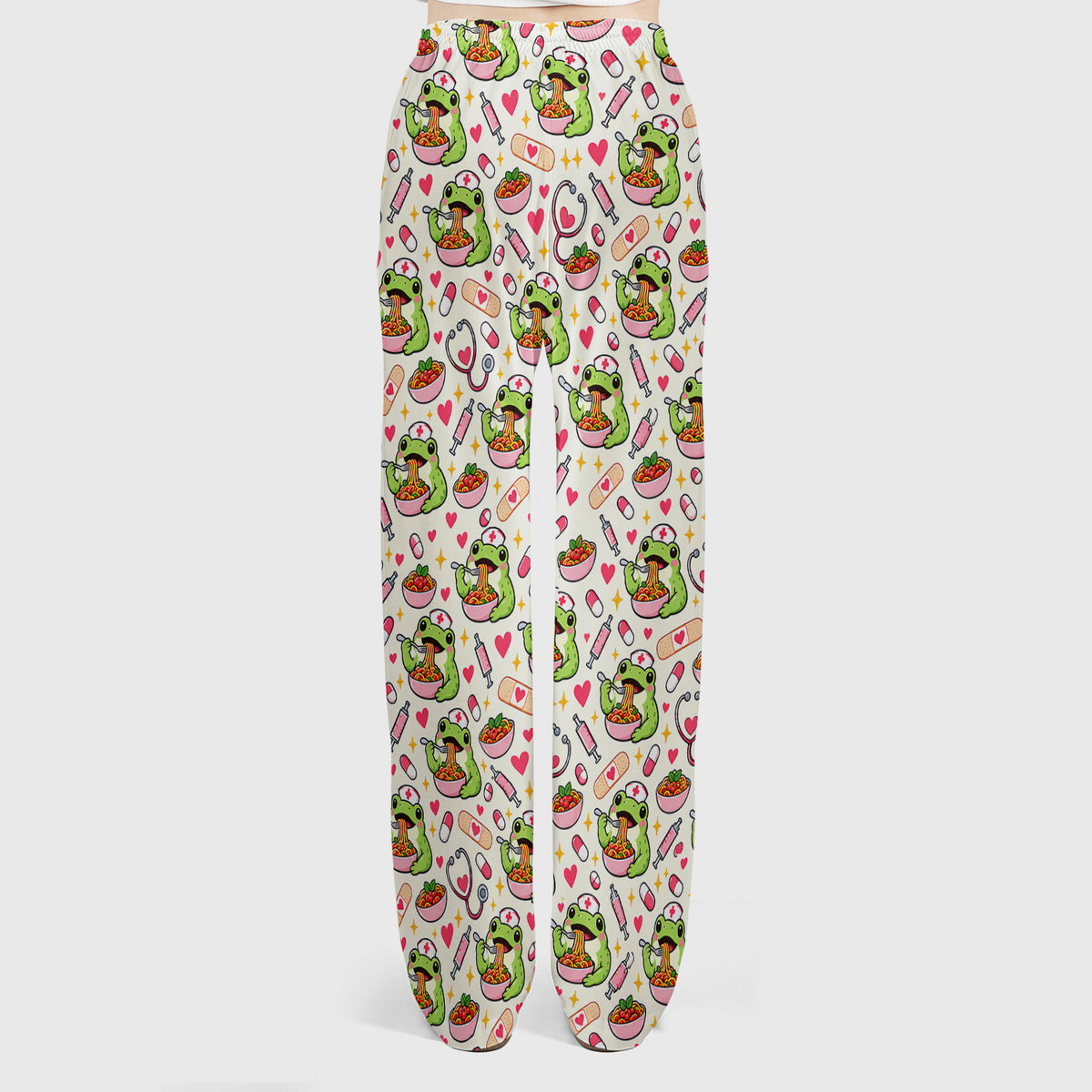 Cute Nurse Frogs Eating Noodles Pattern Scrub Set, Scrub Pants and V Neck Top
