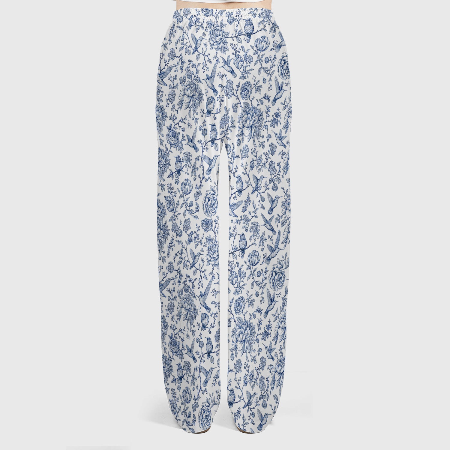 Blue Toile Hummingbird Floral Pattern Scrub Set, Scrub Pants and V Neck Top