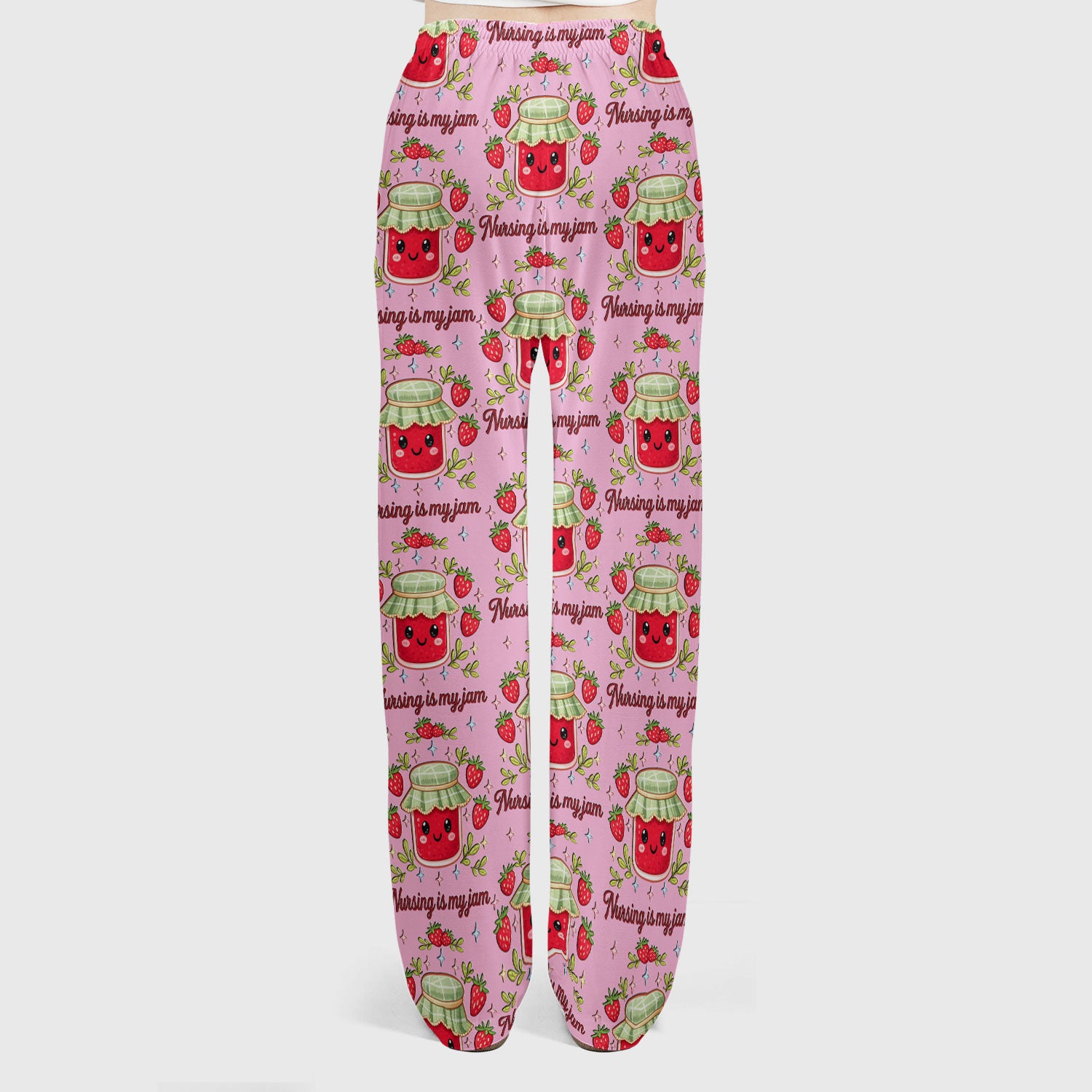 Cute Strawberry Jam Nurse Pattern Scrub Set, Breathable Med Uniform
