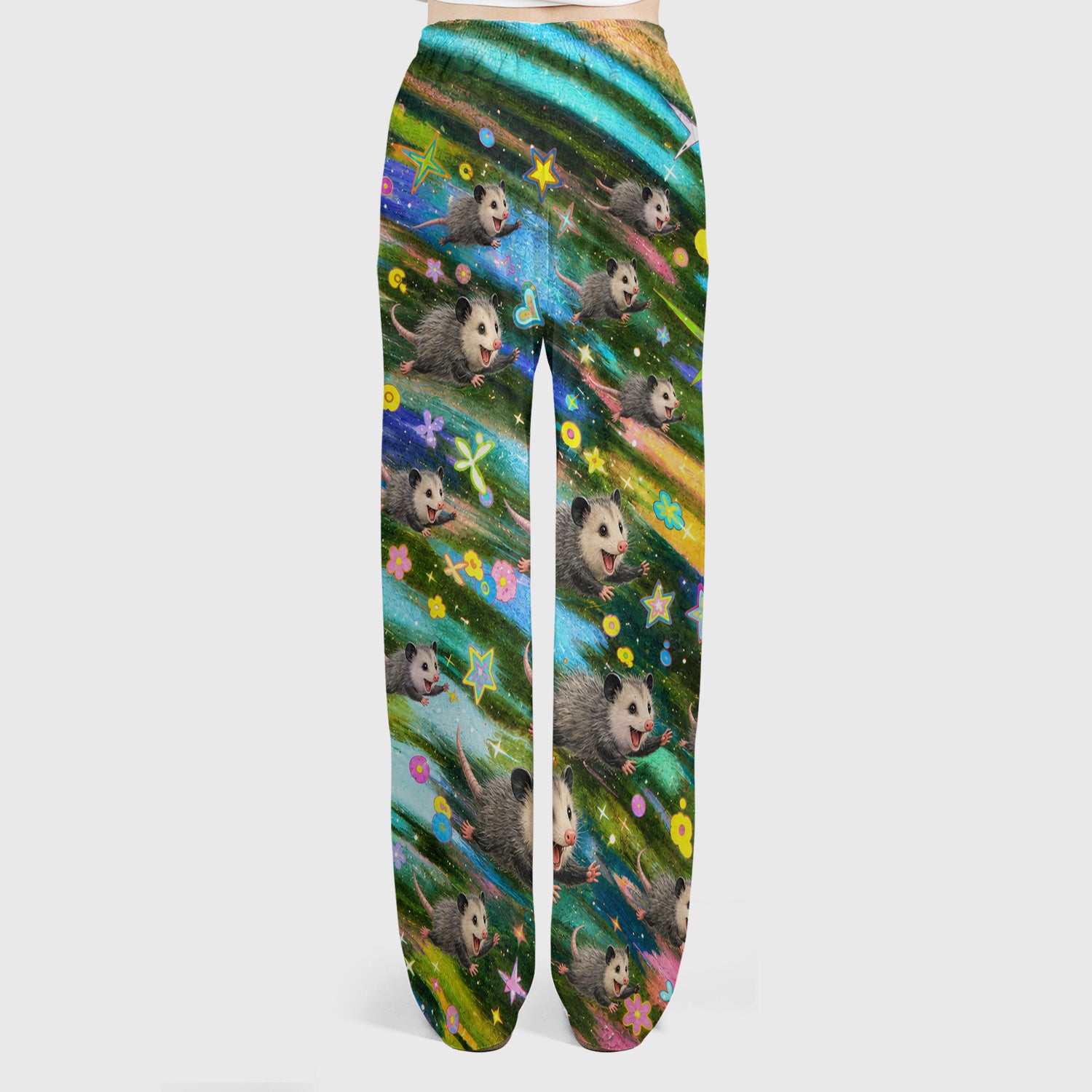 Colorful Opossum Rainbow Stars Print Scrub Set, Scrub Pants and V Neck Top