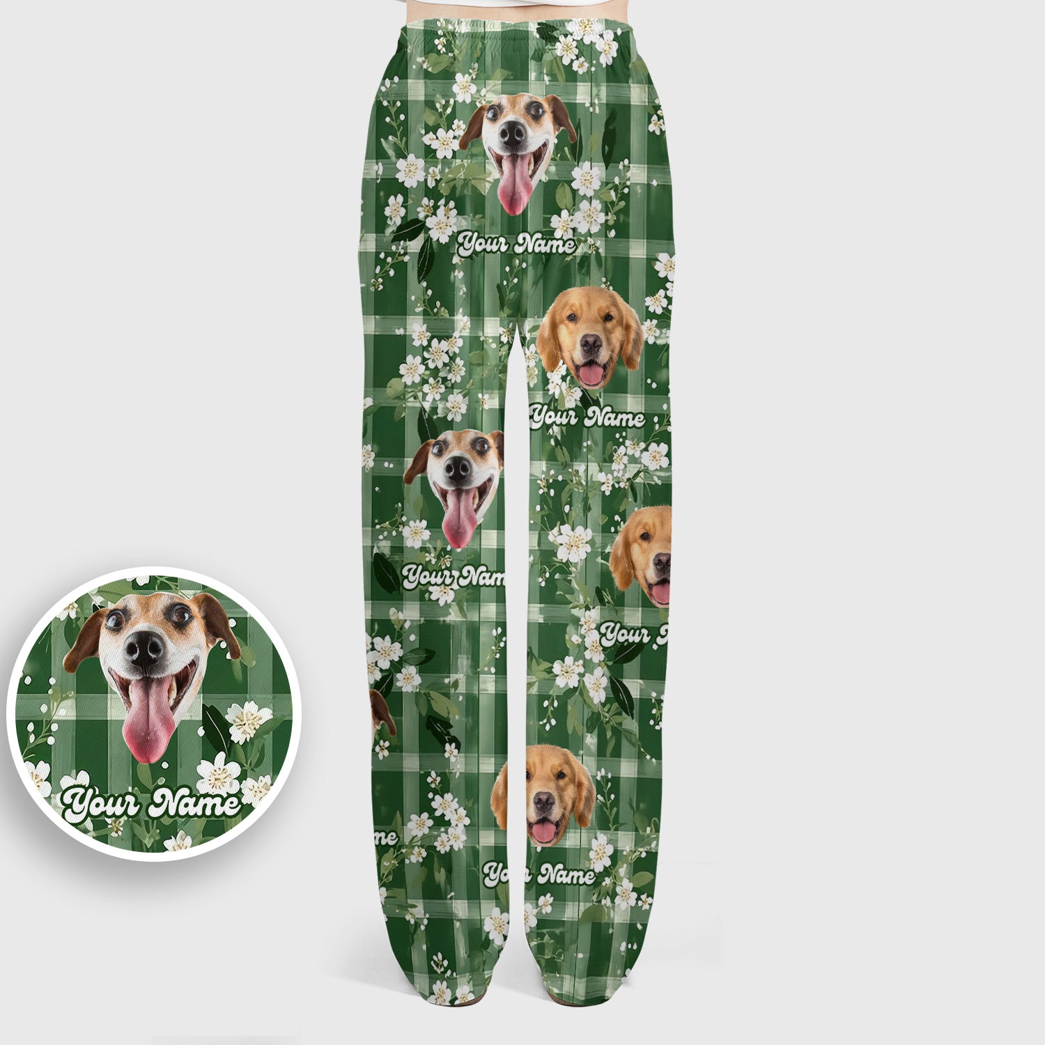 Custom Dog Face Scrub Set, Dog Green Plaid Floral Pattern Shirt, Scrub Pants and V Neck Top