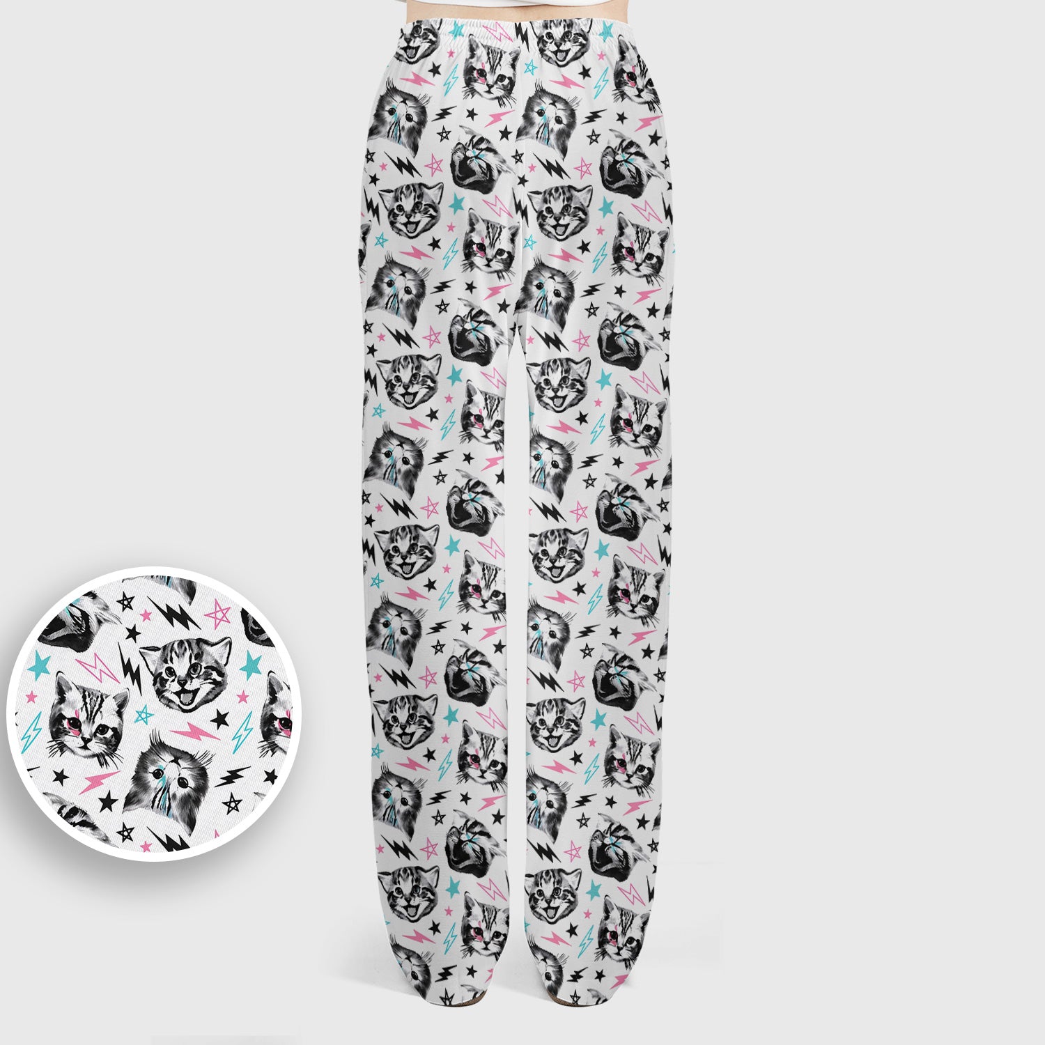 Playful Cat Faces Lightning Pattern Scrub Set, Scrub Pants and V Neck Top