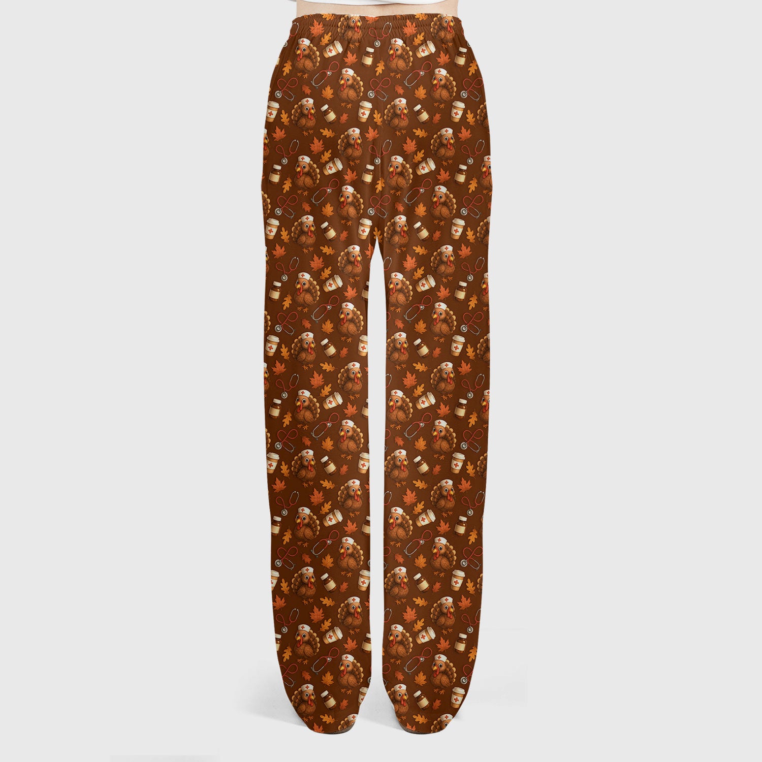 Turkey Pattern Thanksgiving Scrub Set - Fall Leaves and Nurse Tools Print Scrubs - Fun Autumn Medical Pants and Top Gift for RN CNA LPN