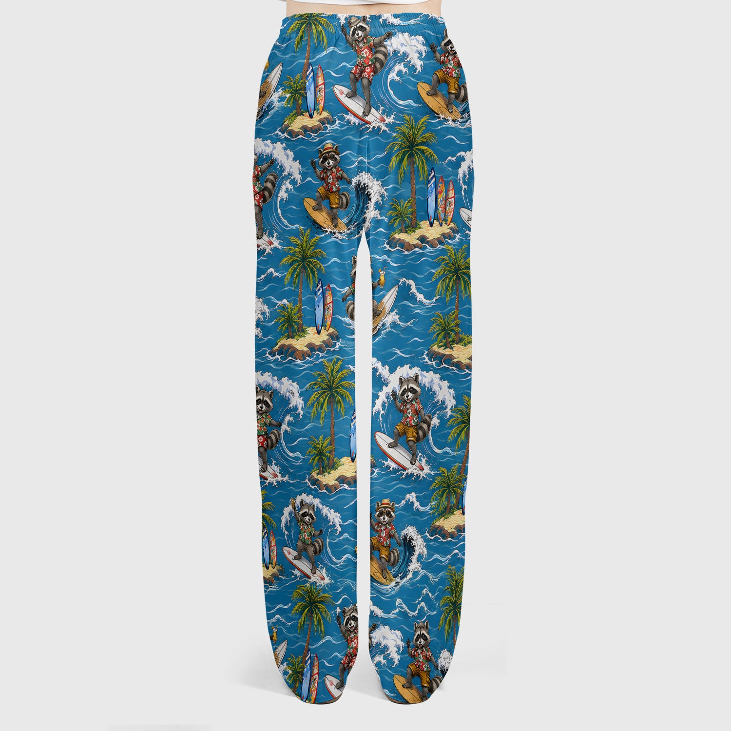 Tropical Surfing Raccoon Island Pattern Scrub Set, Scrub Pants and V Neck Top