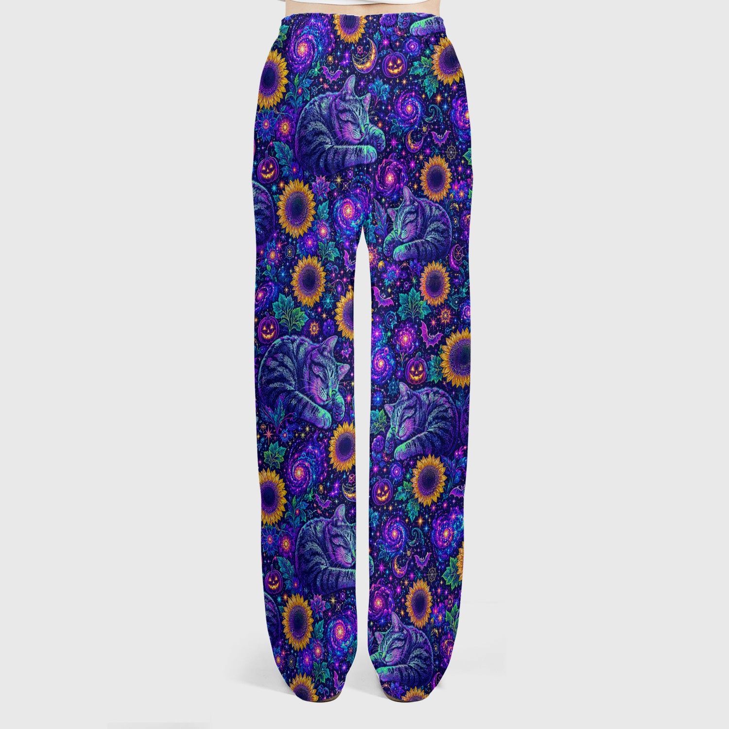 Spooky Galaxy Cat And Sunflowers Scrub Set, Scrub Pants and V Neck Top