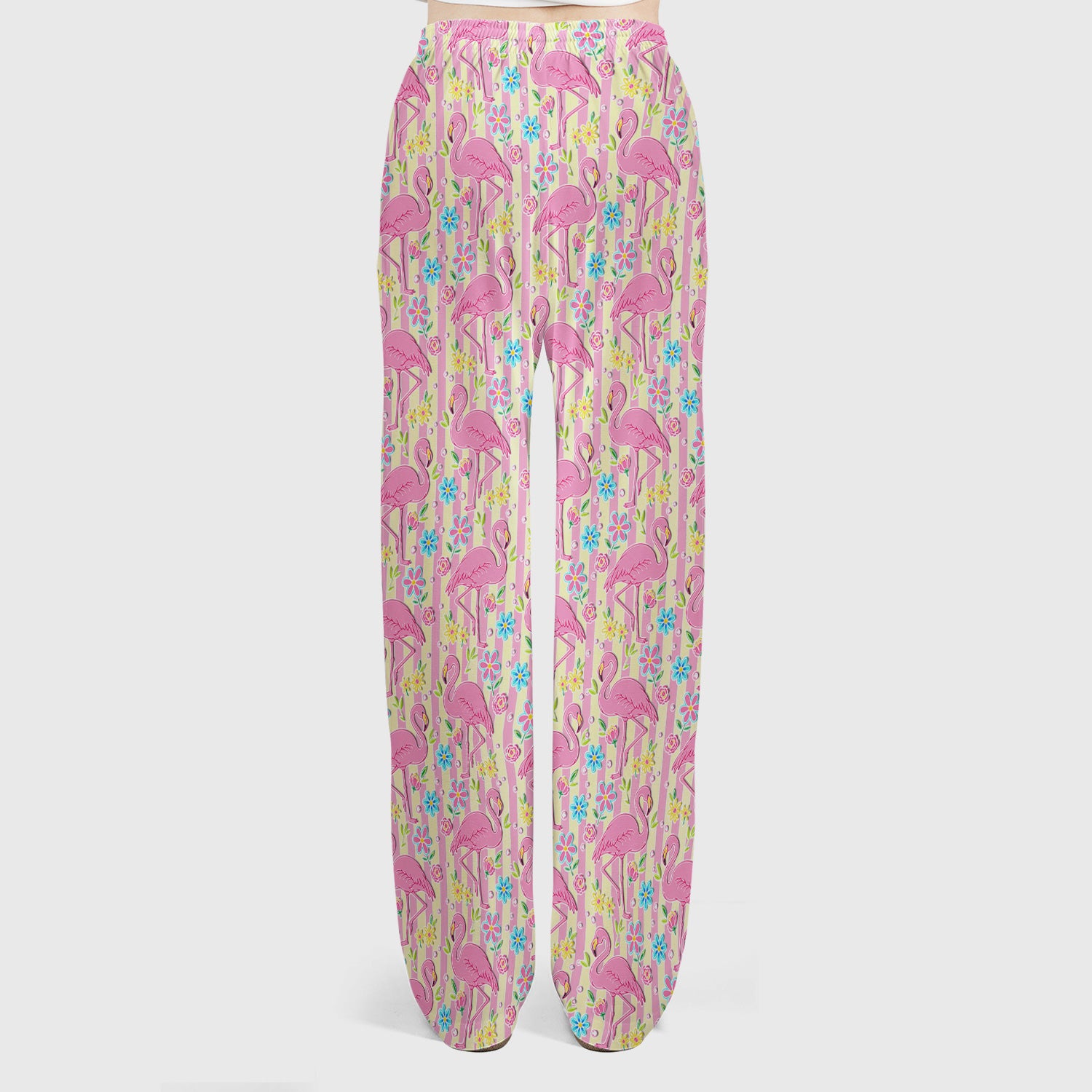Pink Flamingo Flower Stripe Pattern Scrub Set, Scrub Pants and V Neck Top
