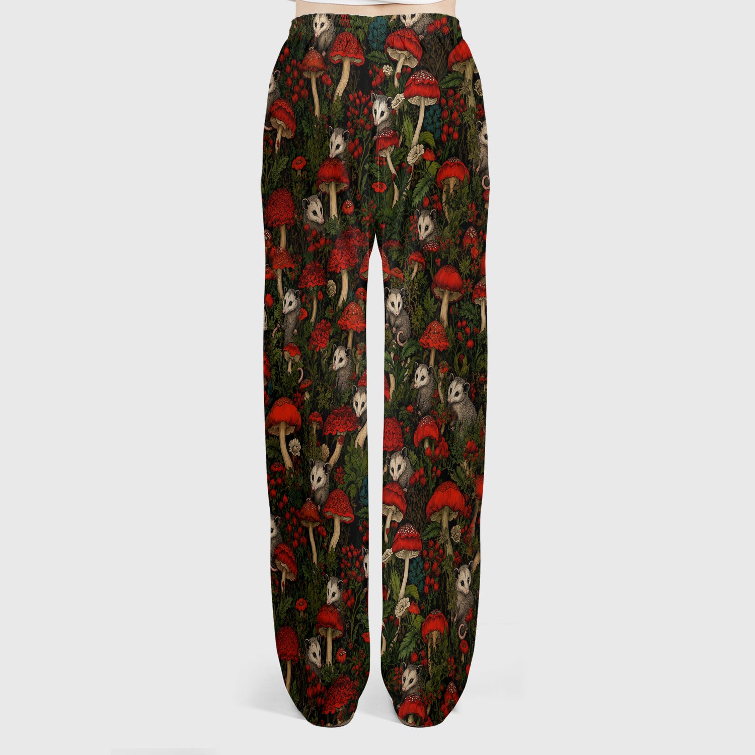 Woodland Opossum Red Mushroom Pattern Scrub Set, Scrub Pants and V Neck Top