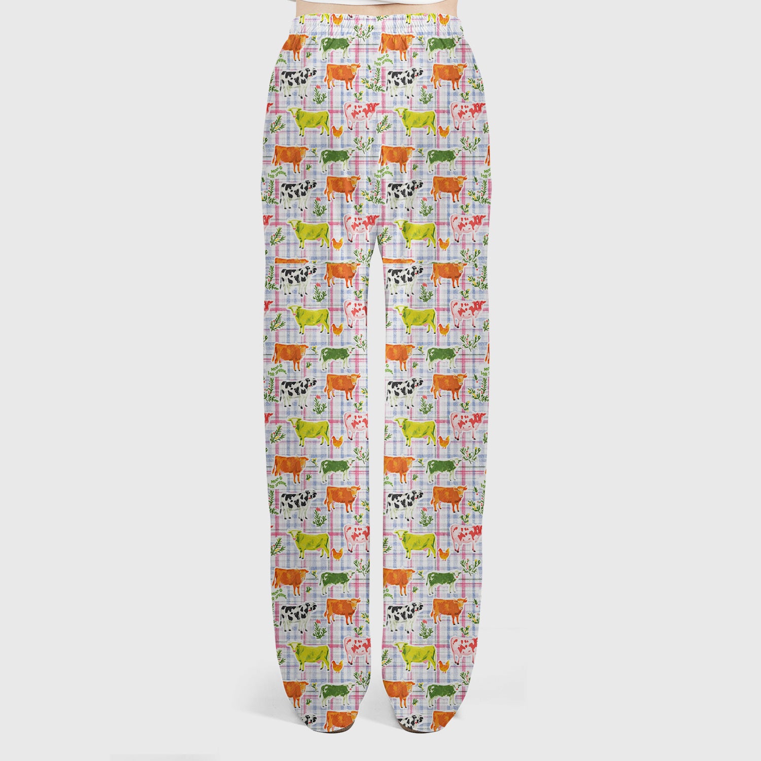 Colorful Farm Cow Plaid Print Scrub Set, V-Neck Top and Drawstring Pants