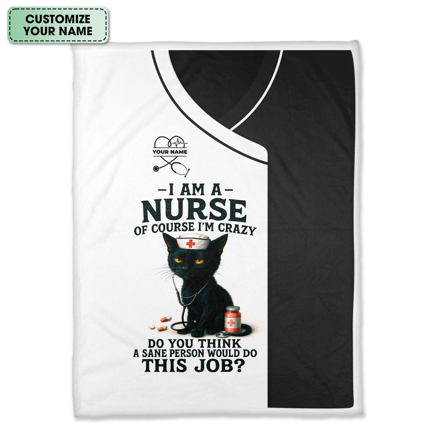 Personalized Funny Nurse Blanket - Black Cat Design with Name - Custom Throw Blanket Gift for Women Nurses
