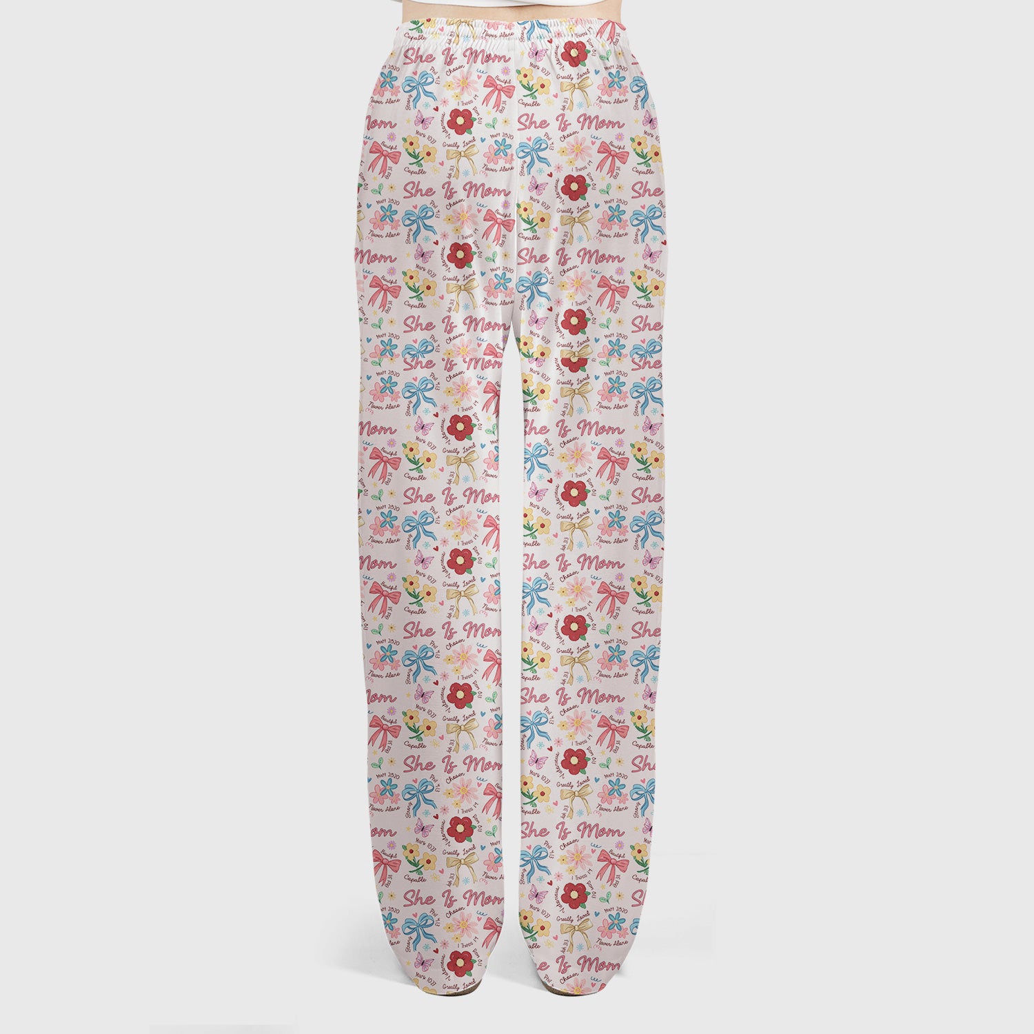 She Is Mom Flower Bow Pattern Scrub Set, Scrub Pants and V Neck Top