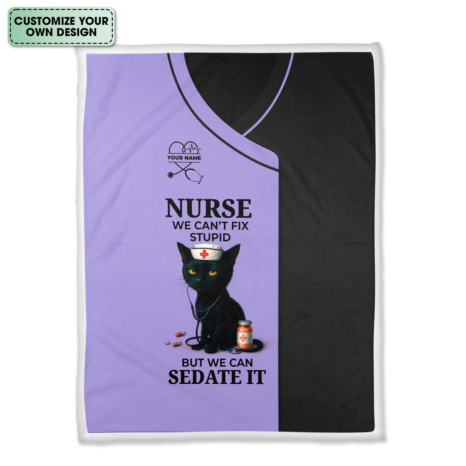 Personalized Funny Nurse Black Cat Blanket - Multiple Color Options Available - Custom Name Gift for RN CNA LPN Healthcare Workers