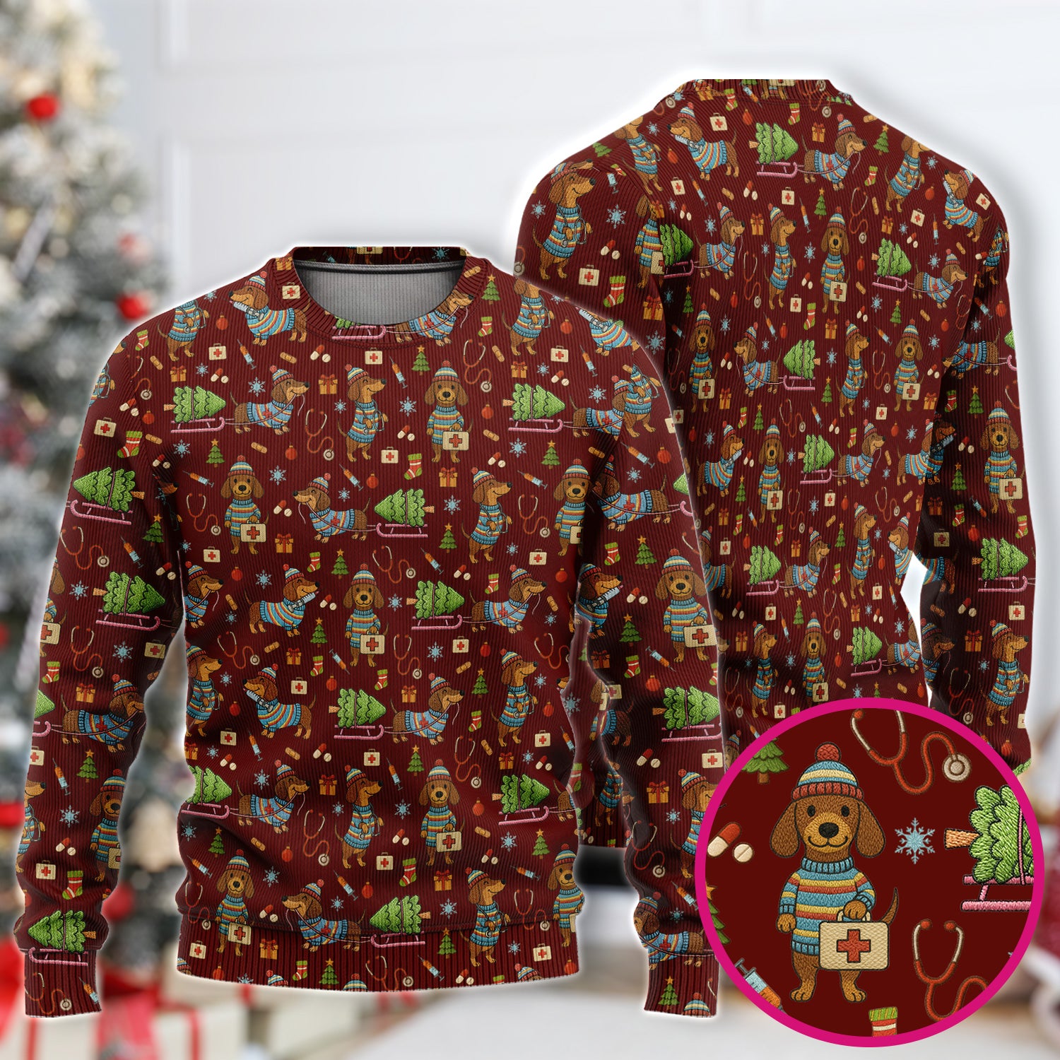 Dachshund Dog Scrub Set For Nurse, Funny Wiener Dog Lover Gift, Cute Dog 3D Knit Pattern Shirt