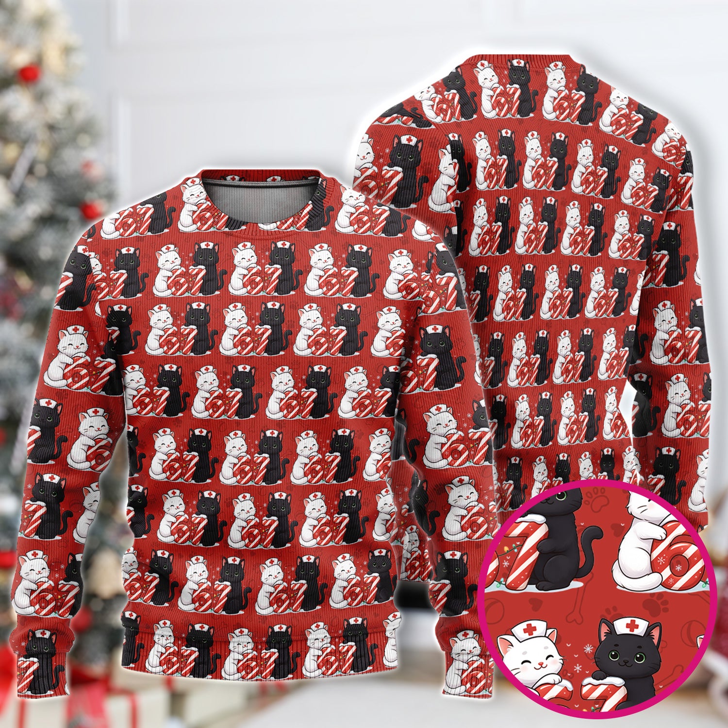 Xmas Cat Pattern Scrub Set, Christmas Nurse Six Seven With Cat Scrub Shirt, Breathable Fabrics Nursing Uniform