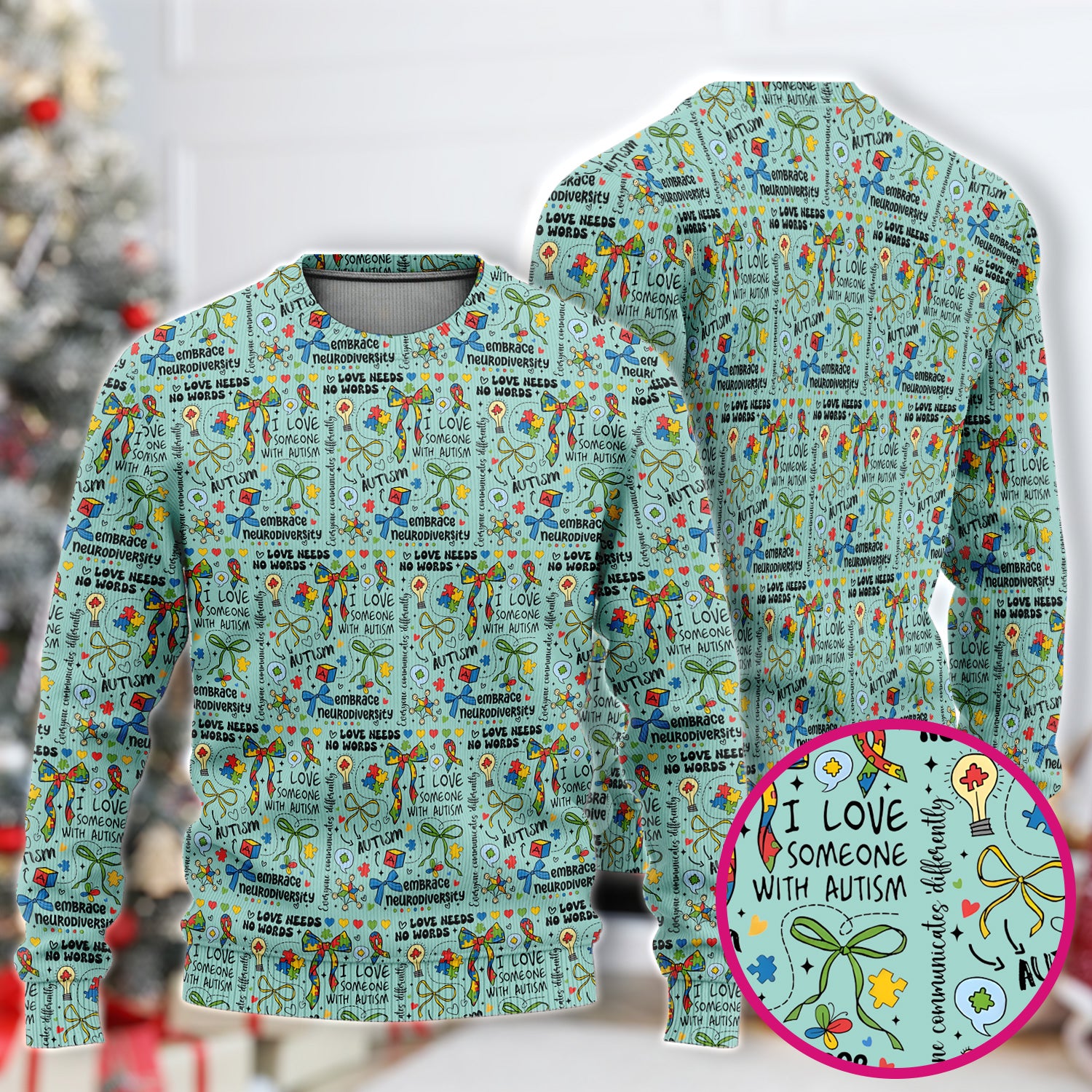 Autism Awareness Puzzle Ribbon Pattern Scrub Top, Breathable Fabrics Nursing Uniform