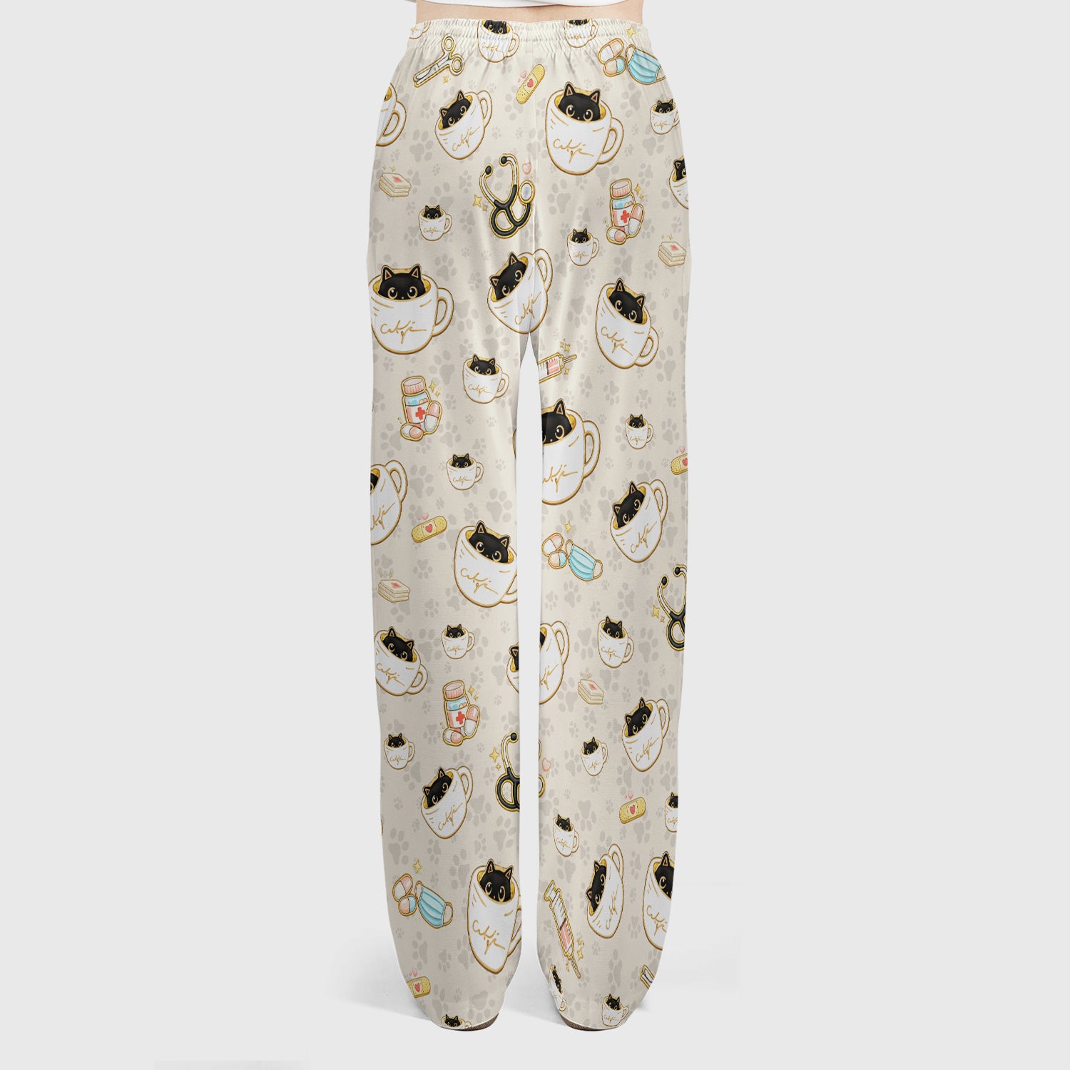 Cute Coffee Cat Medical Print Scrub Set, Scrub Pants and V Neck Top