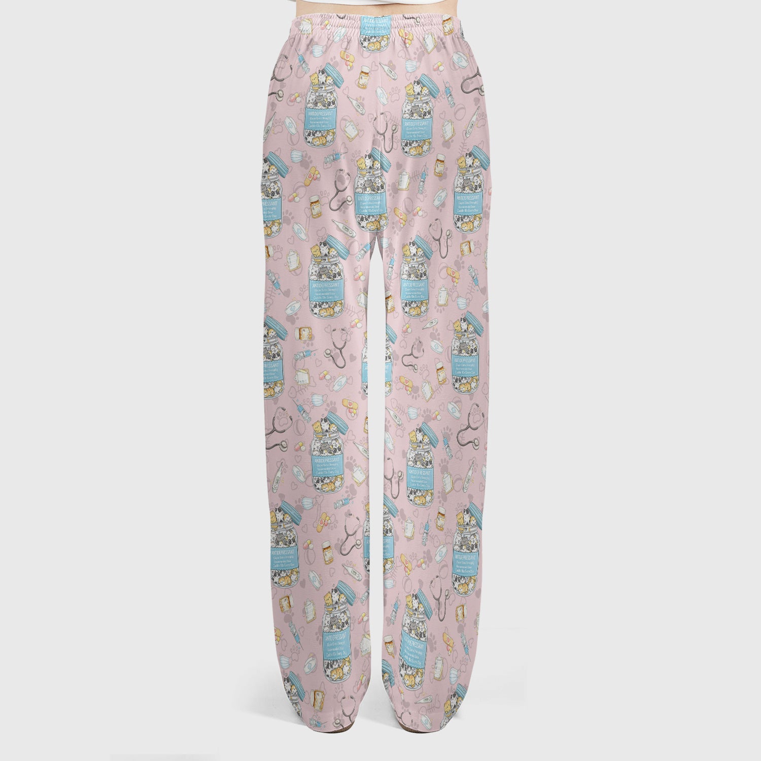 Cute Antidepressant Cat Jar Print Women's Scrub Set, Breathable Med Uniform