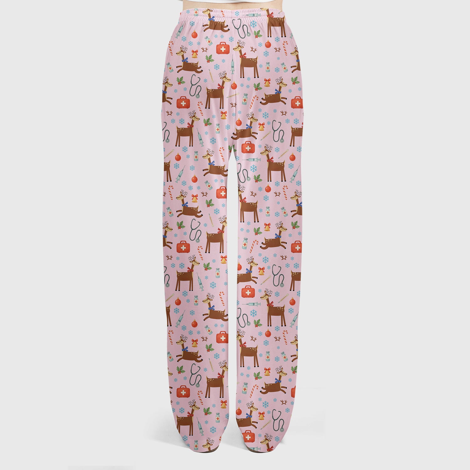Reindeer Christmas Scrub Set - Snowflakes Candy Canes Holiday Scrubs Pants and V Neck Top - Xmas Gift for Women RN CNA LPN