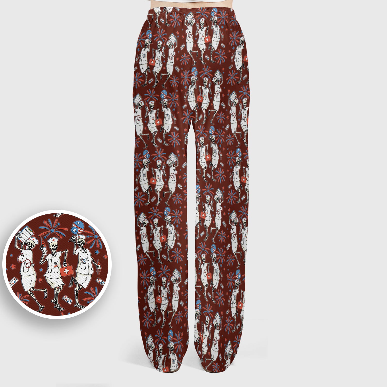 Funny Skeleton Nurse Patriotic Print Scrub Set, Scrub Pants and V Neck Top