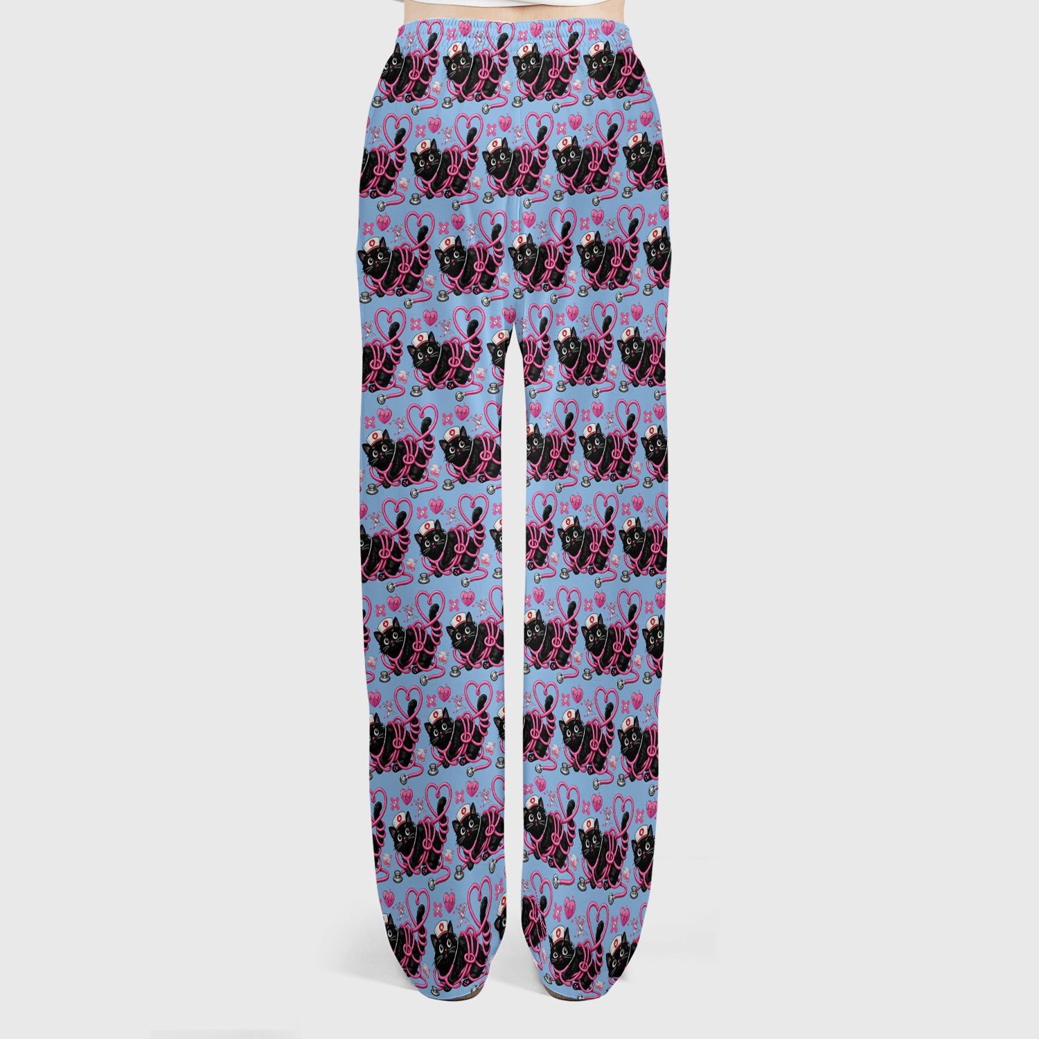 Valentine Cute Cat Nurse Heart Print Women's Scrub Set, Breathable Med Uniform