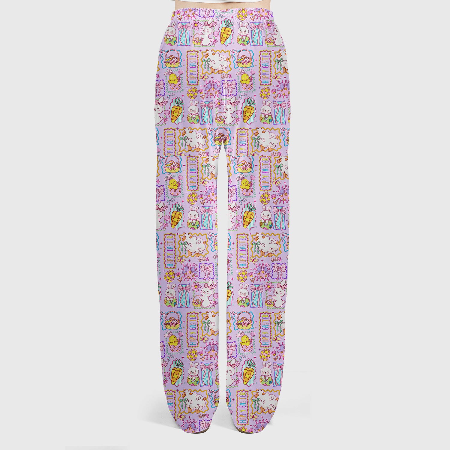 Cute Easter Bunny Egg and Bow Print Scrub Set, Scrub Pants and V Neck Top