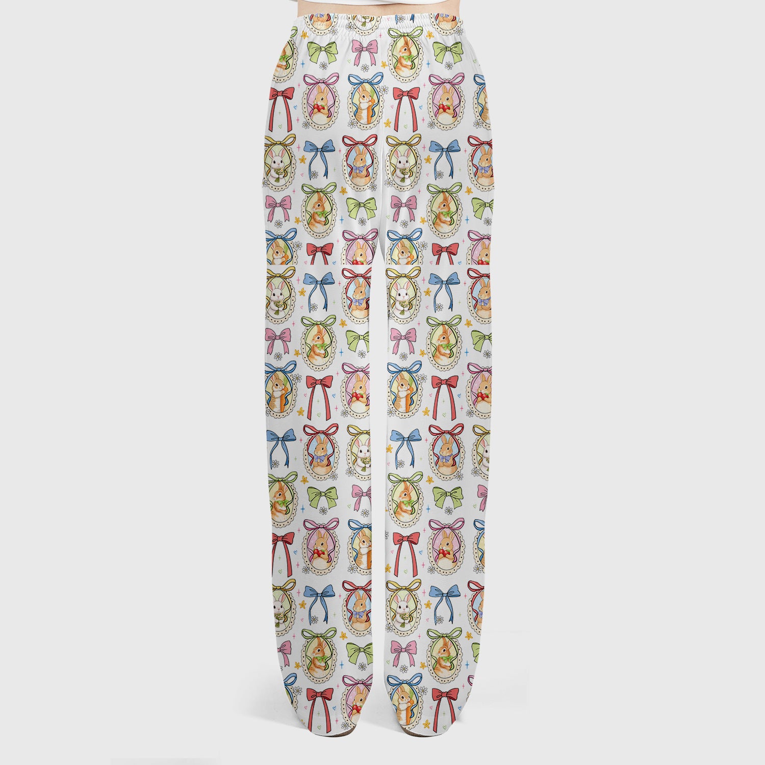 Cute Easter Bunny Cameo Colorful Bow Pattern Scrub Set, Breathable Med Uniform