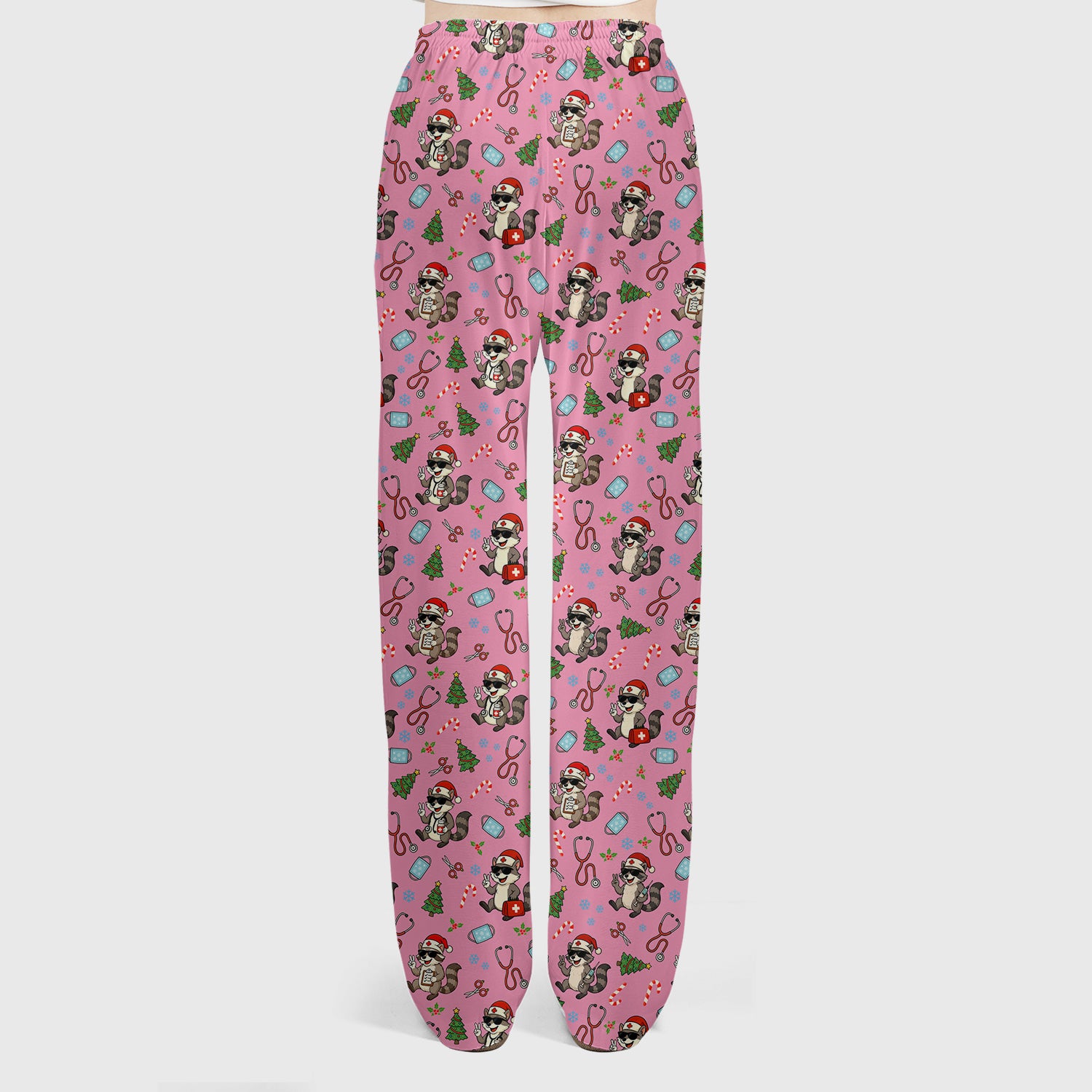 Funny Christmas Nurse Scrub Set - Raccoon Pattern with Santa Hat, Stethoscope and Tree - Cute Holiday Medical Scrubs Pants and Top Gift for RN CNA LPN