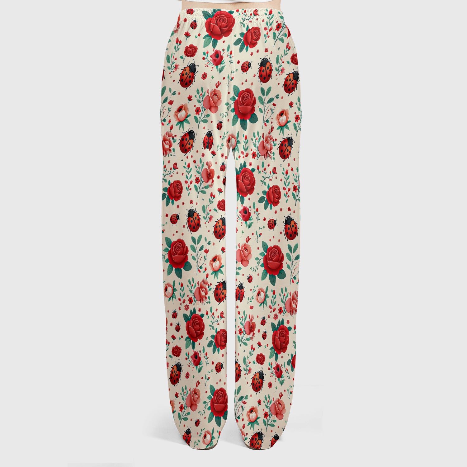 Cute Ladybug Red Rose Floral Pattern Scrub Set, Women's Scrub Sets