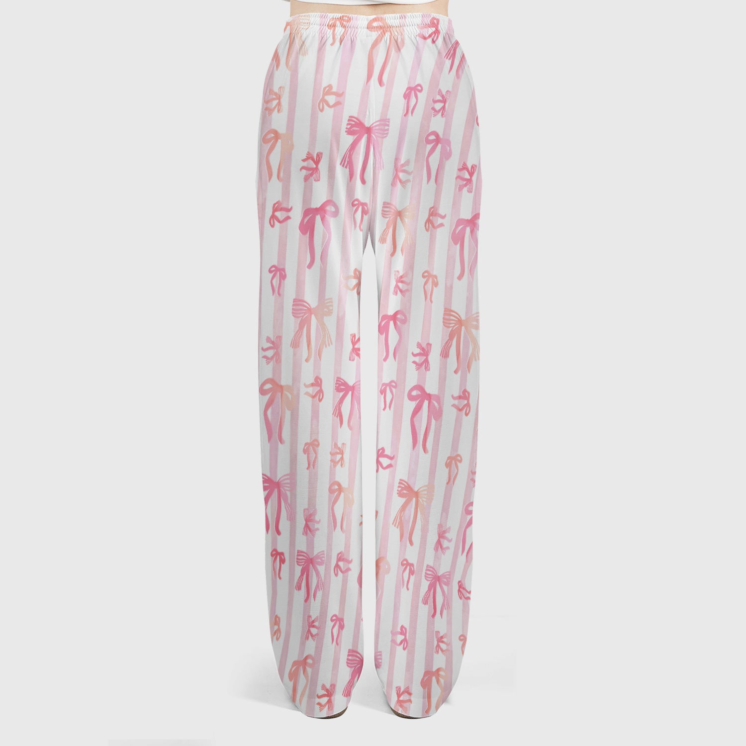 Pink Bow Stripe Pattern Print Scrub Set, Scrub Pants and V Neck Top