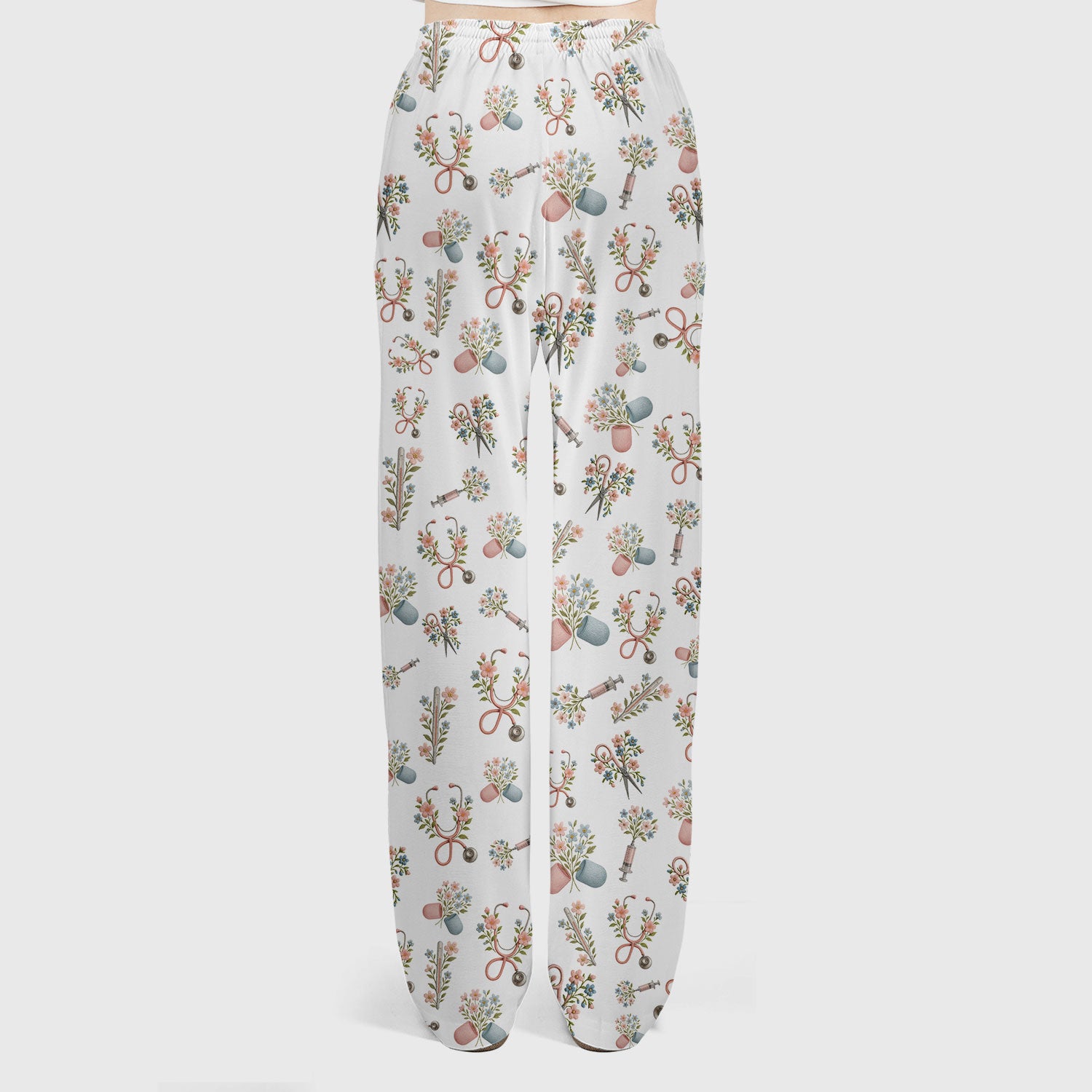 Floral Medical Scrub Set, Elegant Stethoscope With Flower Nursing Shirt, Breathable Fabrics Nurse Uniform