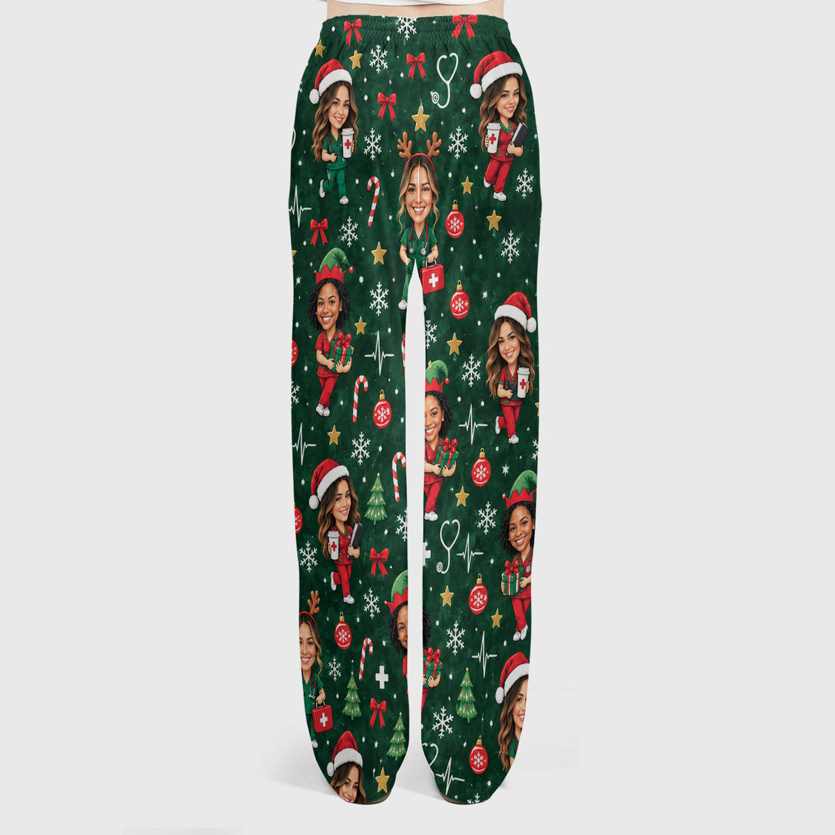 Personalized Christmas Nurse Photo And Name Scrub Set, Scrub Pants and V Neck Top