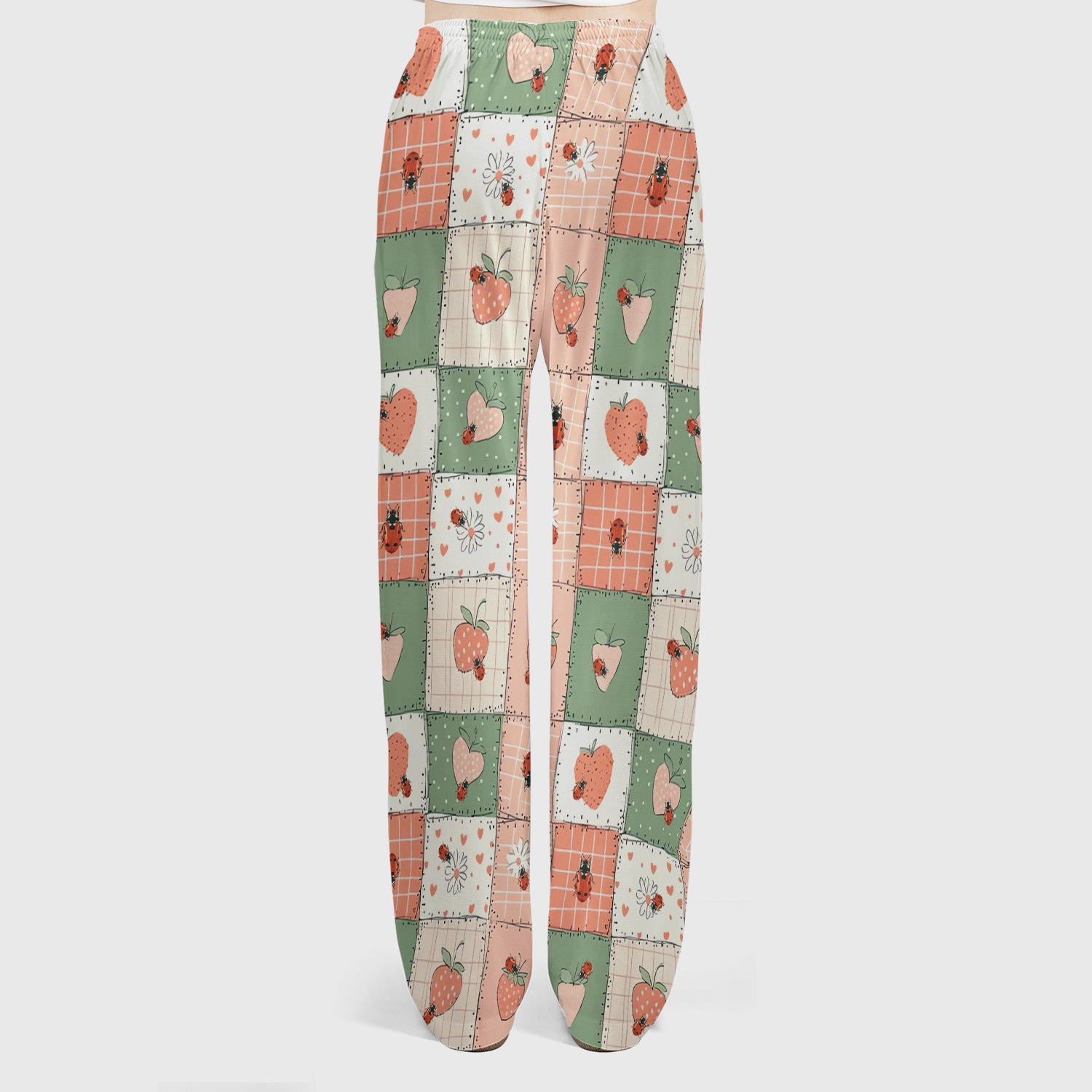 Strawberry Ladybug Patchwork Pattern Scrub Set, Scrub Pants and V Neck Top