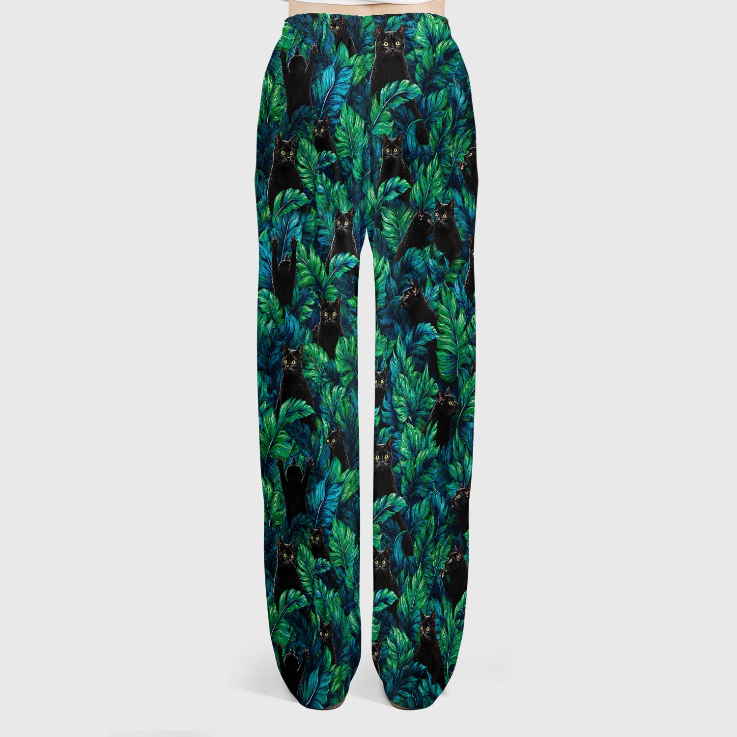 Black Cat Tropical Jungle Leaves Pattern Scrub Set, Scrub Pants and V Neck Top
