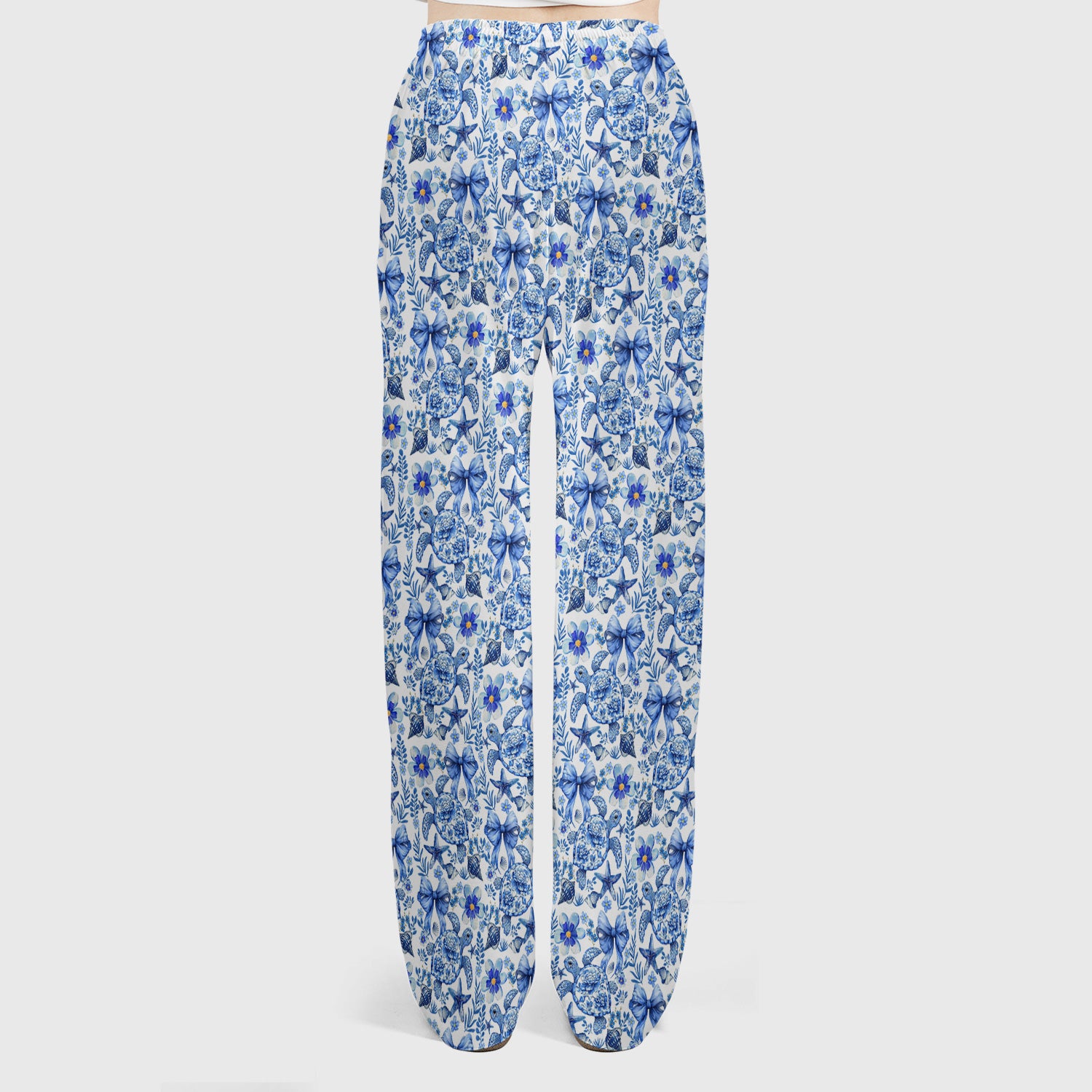 Cute Coastal Turtle Bow Pattern Scrub Set, Scrub Pants and V Neck Top