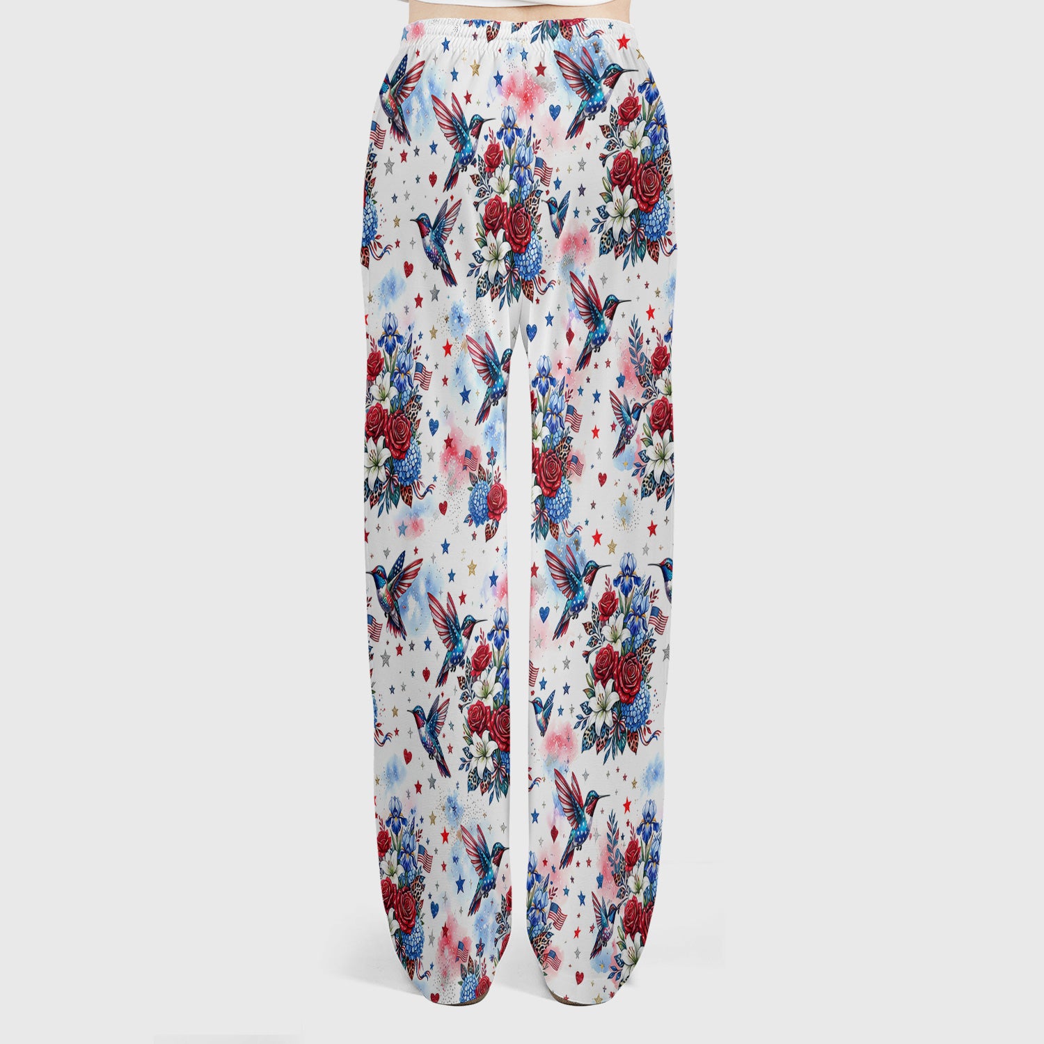 Patriotic Hummingbird Floral Bouquet Pattern Scrub Set, Scrub Pants and V Neck Top