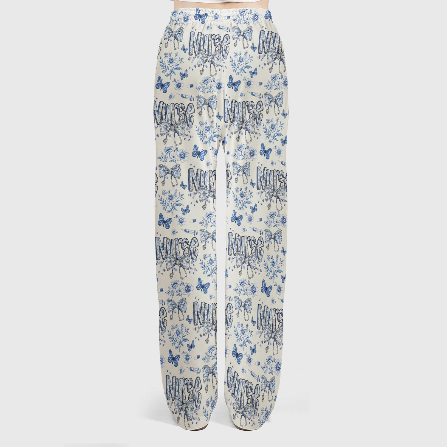 Blue Nurse Bow Butterfly Floral Pattern Scrub Set,  Breathable Med Uniform