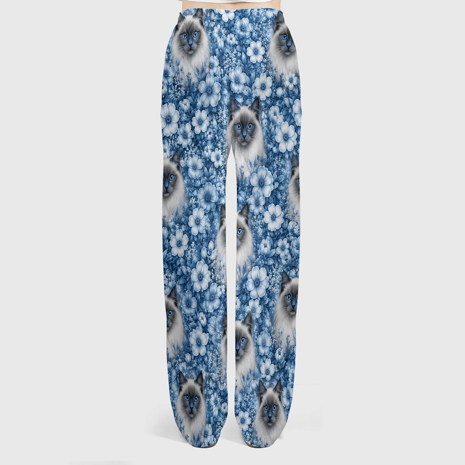 Blue Floral Ragdoll Cat Pattern Scrub Set, Scrub Pants and V Neck Top
