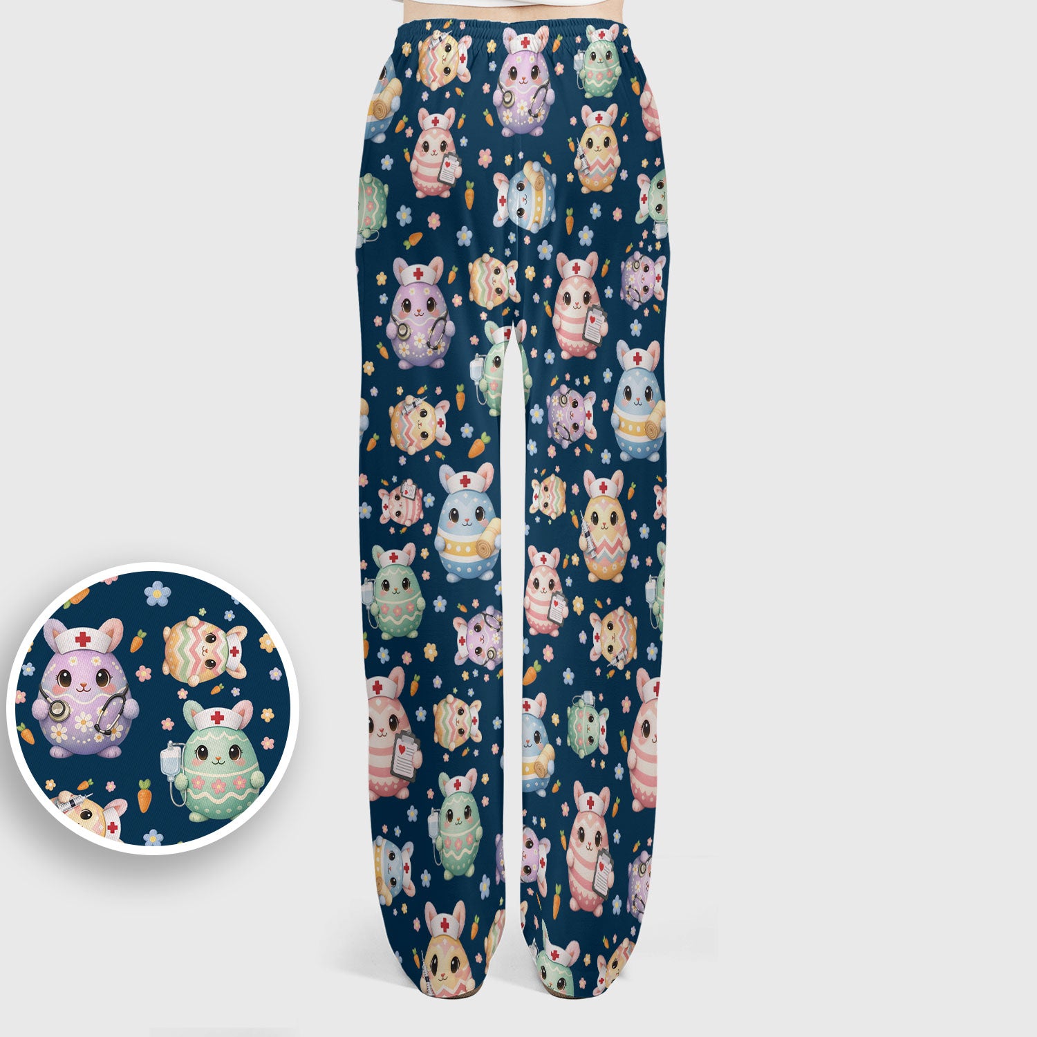 Cute Nurse Bunny Pastel Floral Print Women's Scrub Sets,  Breathable Med Uniform