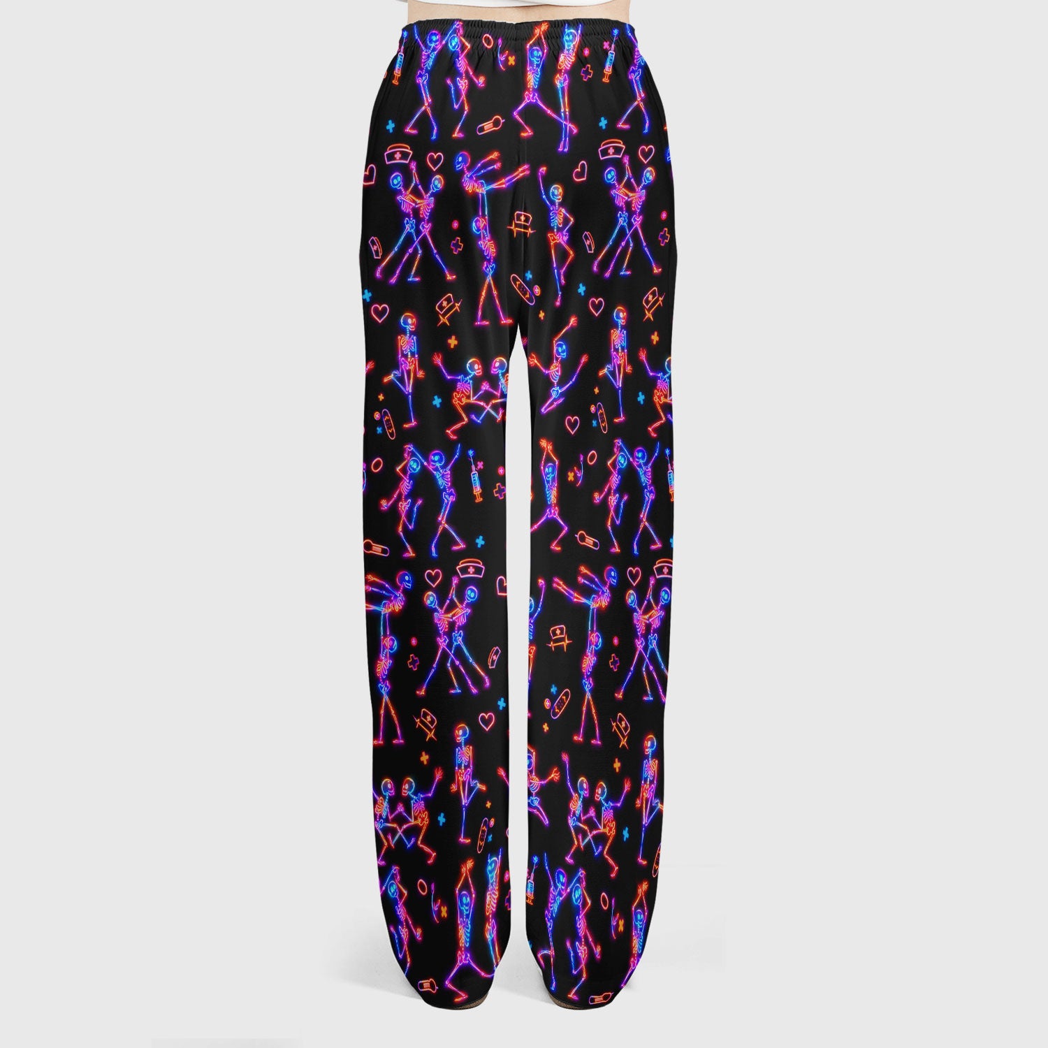 Neon Dancing Skeleton Medical Pattern Set, Scrub Pants and V Neck Top