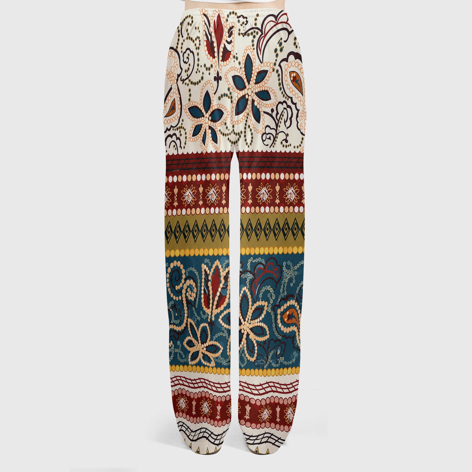 Boho Paisley Floral Stripe Pattern Scrub Set, Scrub Pants and V Neck Top
