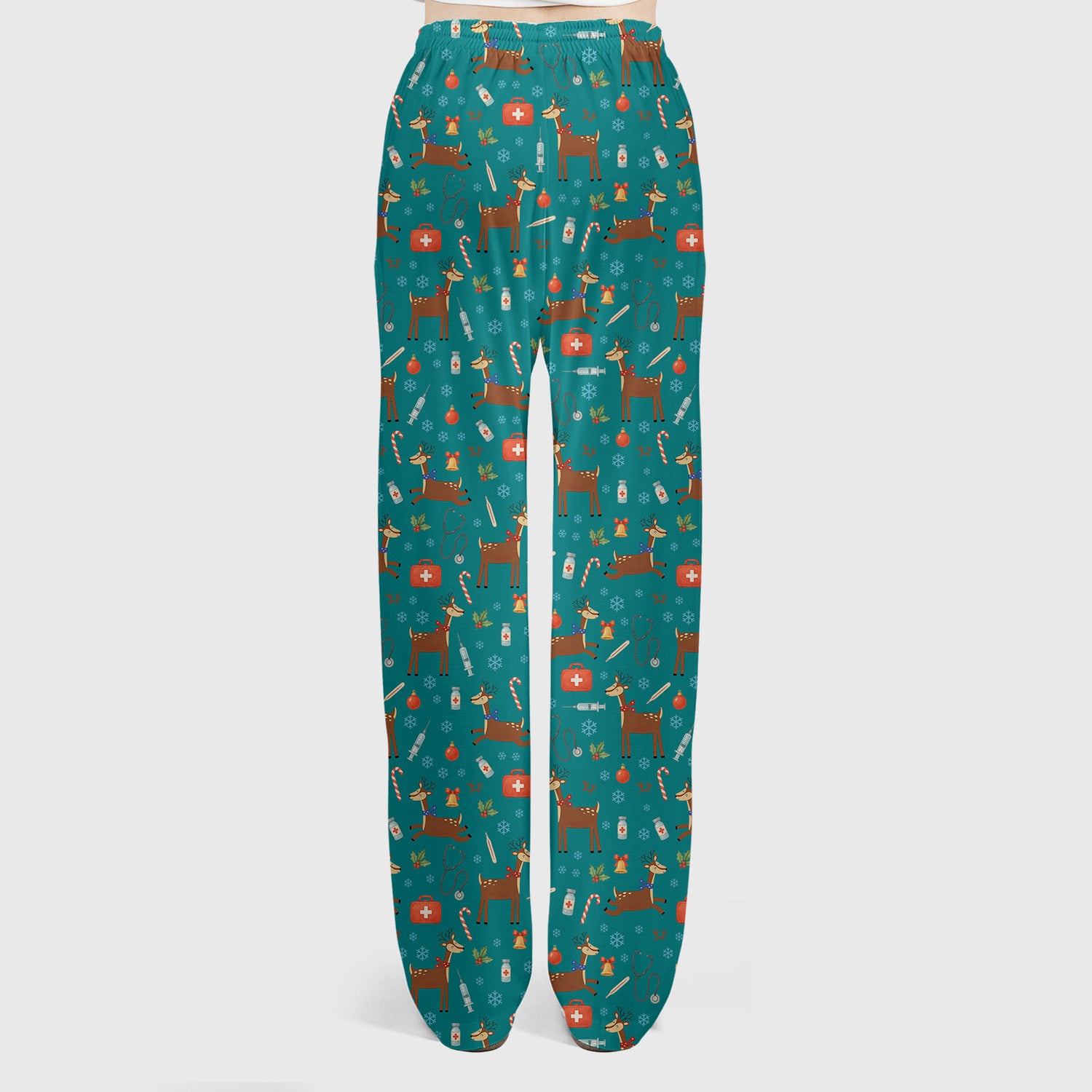 Reindeer Christmas Scrub Set - Snowflakes Candy Canes Holiday Scrubs Pants and V Neck Top - Xmas Gift for Women RN CNA LPN