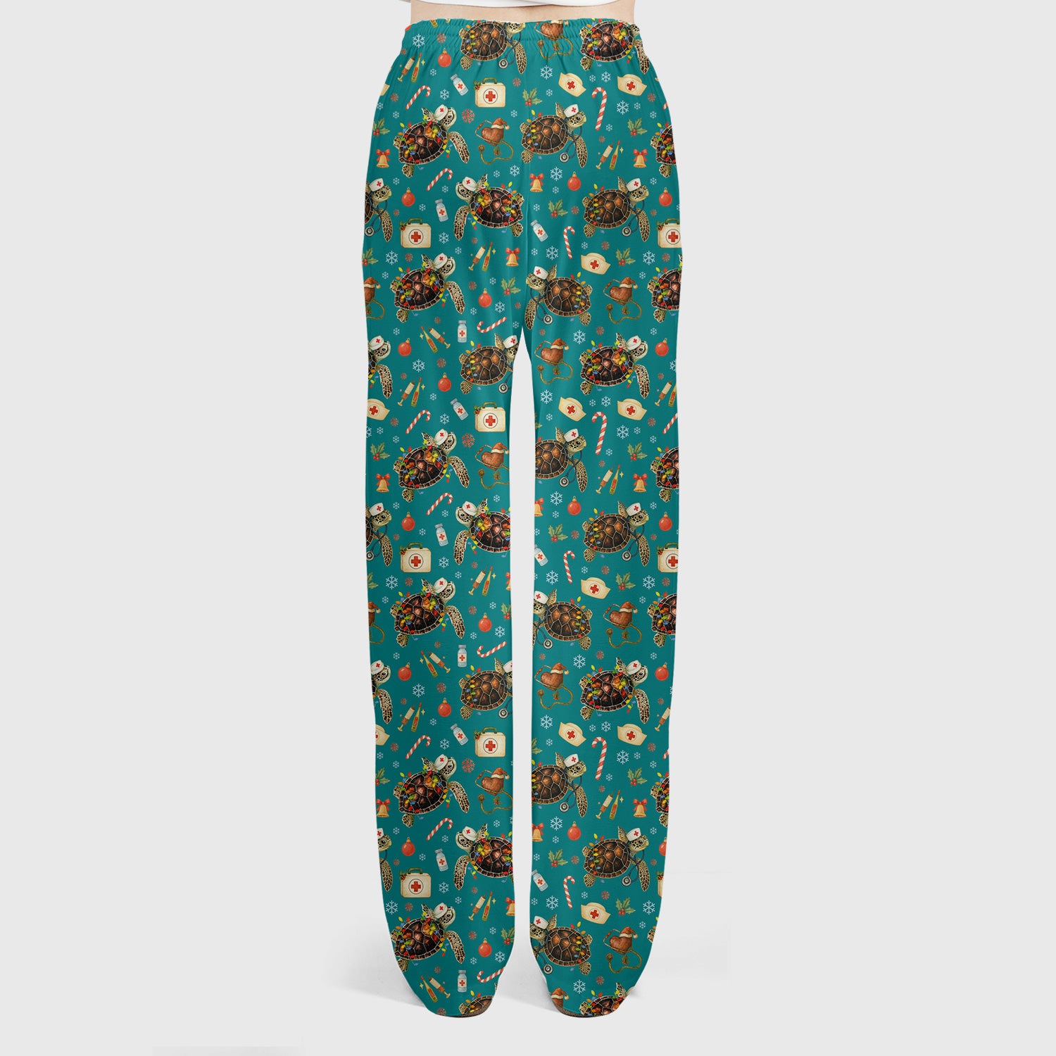 Funny Christmas Scrub Set - Sea Turtle with Xmas Lights Scrubs Pants and V Neck Top - Holiday Nurse Med Uniform for Women