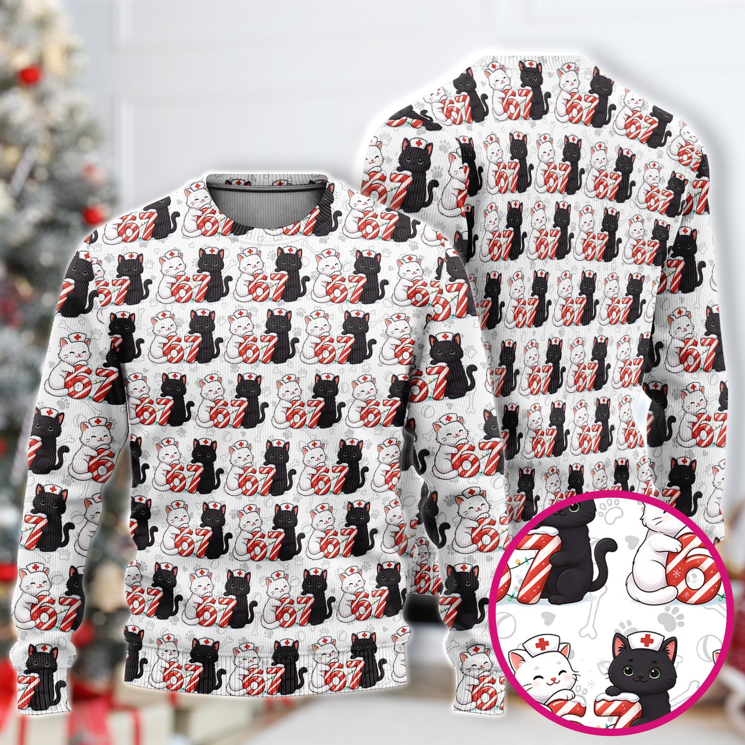 Xmas Cat Pattern Scrub Set, Christmas Nurse Six Seven With Cat Scrub Shirt, Breathable Fabrics Nursing Uniform