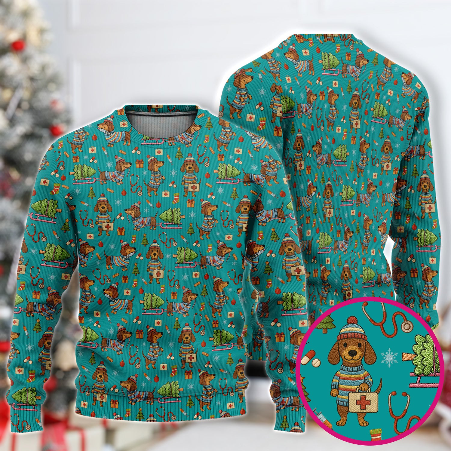 Dachshund Dog Scrub Set For Nurse, Funny Wiener Dog Lover Gift, Cute Dog 3D Knit Pattern Shirt