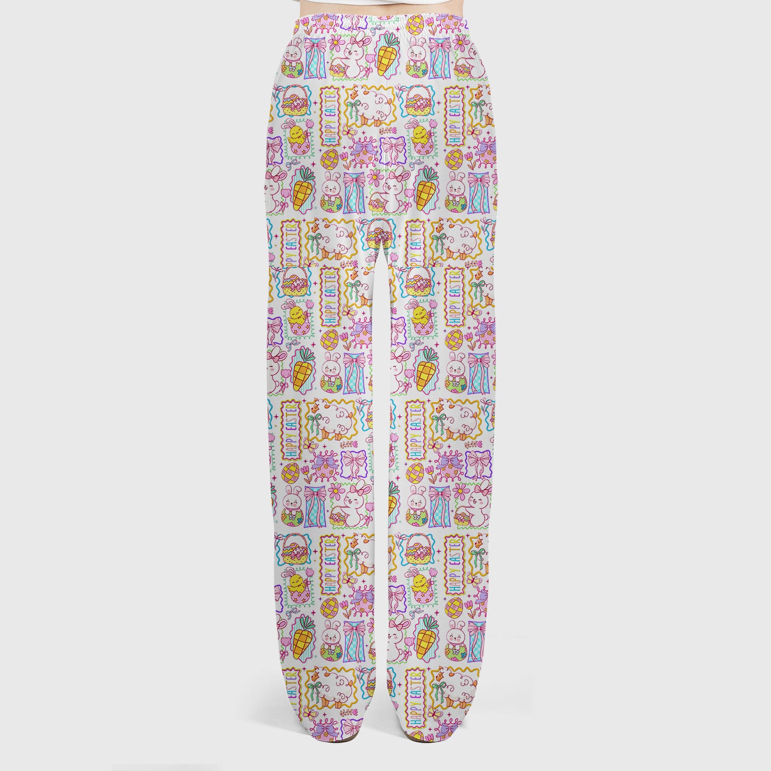 Cute Easter Bunny Egg and Bow Print Scrub Set, Scrub Pants and V Neck Top