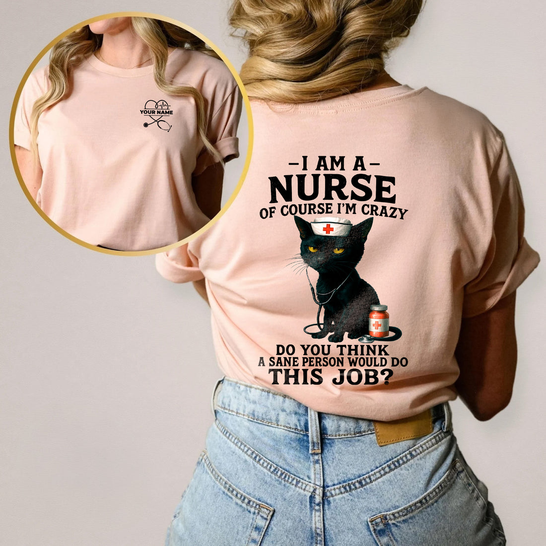 Personalized Funny Nurse Shirt with Black Cat Design – Crazy RN LPN CNA Quote Tee for Women – Custom Name Gift for Healthcare Workers