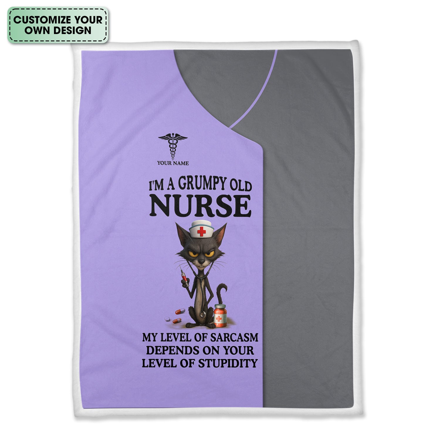 Custom Name Grumpy Old Nurse Blanket - Angry Cat Sarcastic Humor for RN LPN CNA Medical Staff Gift  - Multiple Color Options Available Keepsake
