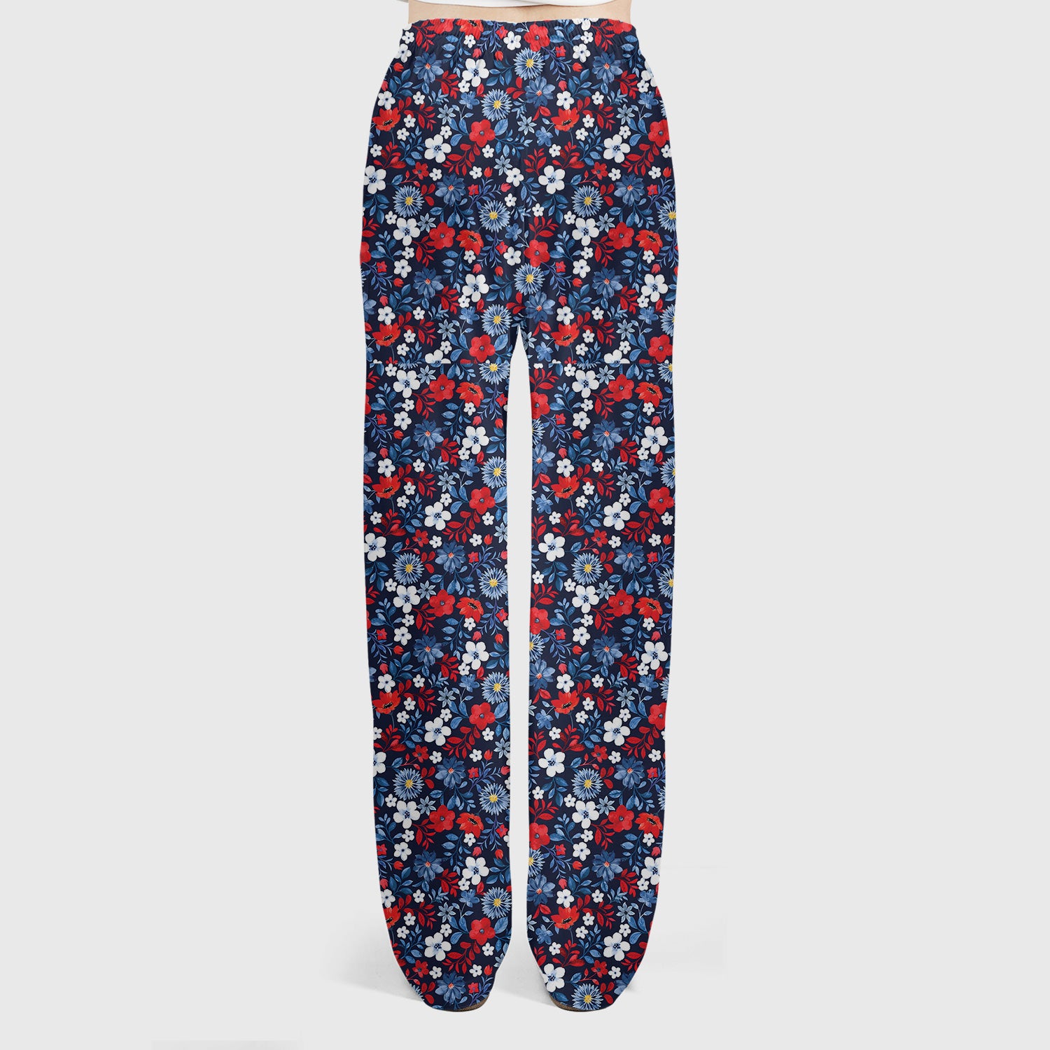 Navy Red Floral Nursing Scrub Set V-Neck, Medical Uniform for Healthcare Staff