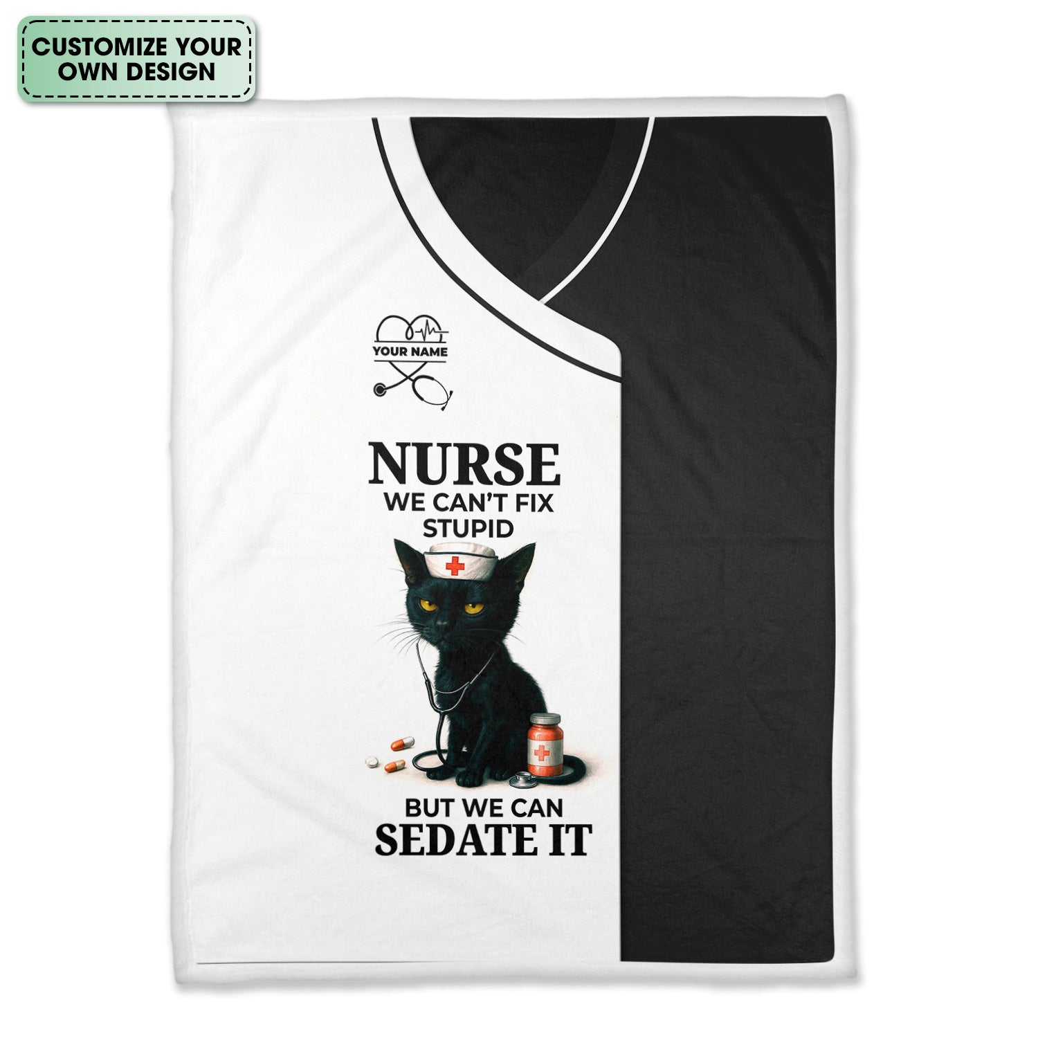 Personalized Funny Nurse Black Cat Blanket - Multiple Color Options Available - Custom Name Gift for RN CNA LPN Healthcare Workers