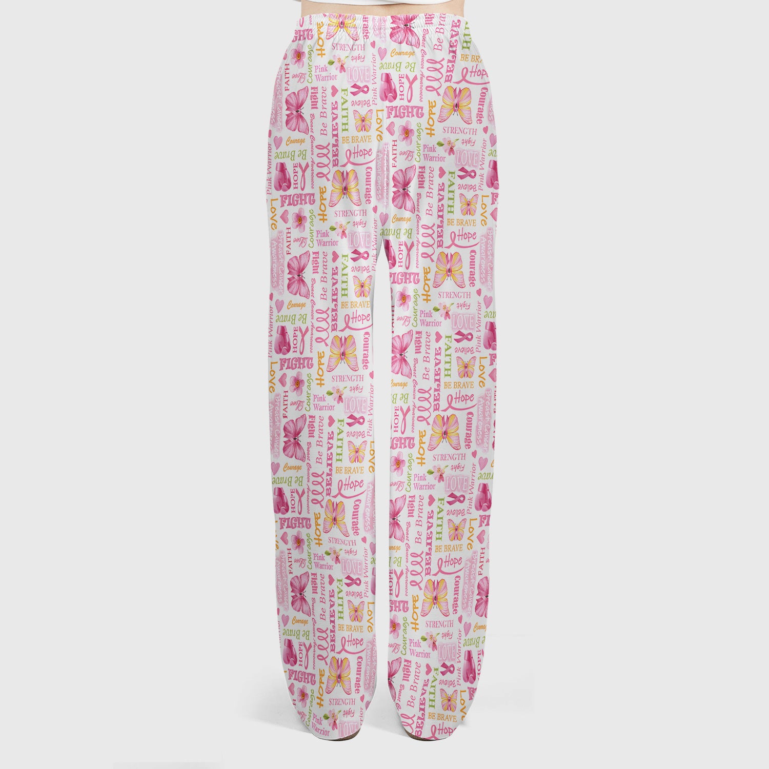 Pink Ribbon Butterfly Print Scrub Set, Scrub Pants and V Neck Top