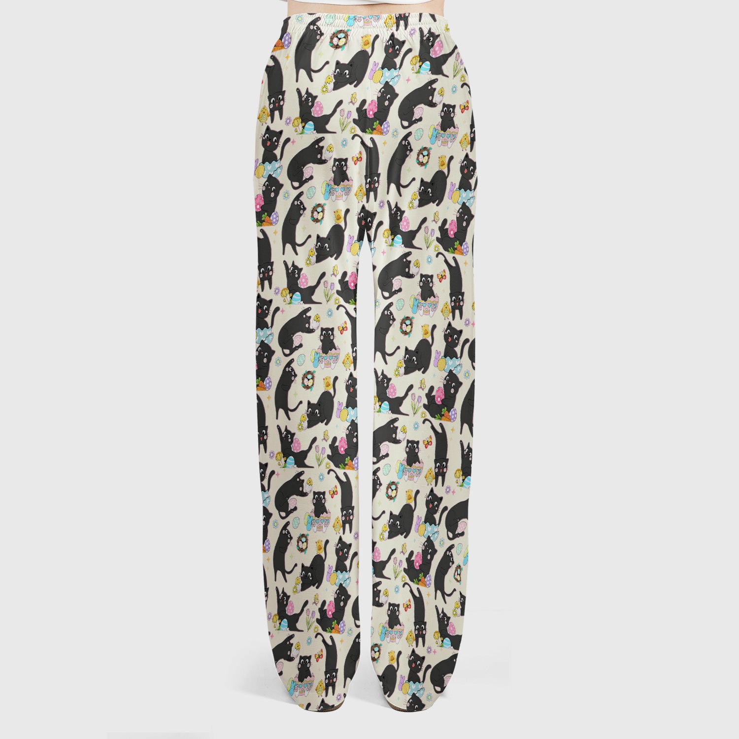 Playful Black Cat Easter Egg Pattern Scrub Set, Scrub Pants and V Neck Top
